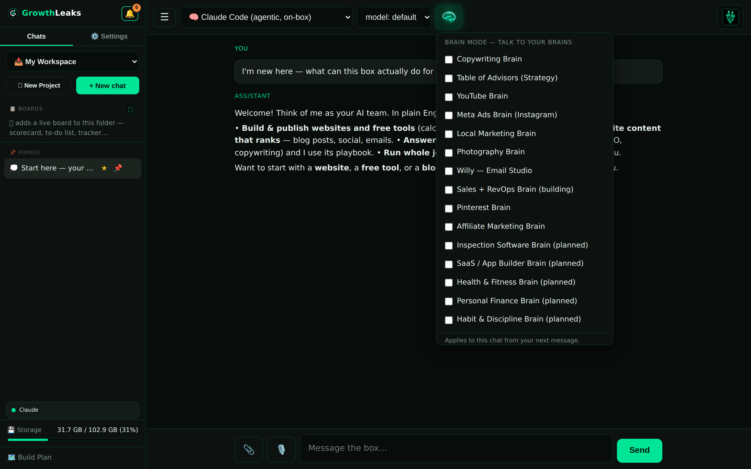 The Brains menu open — expert knowledge packs you can switch on so your assistant answers like a specialist