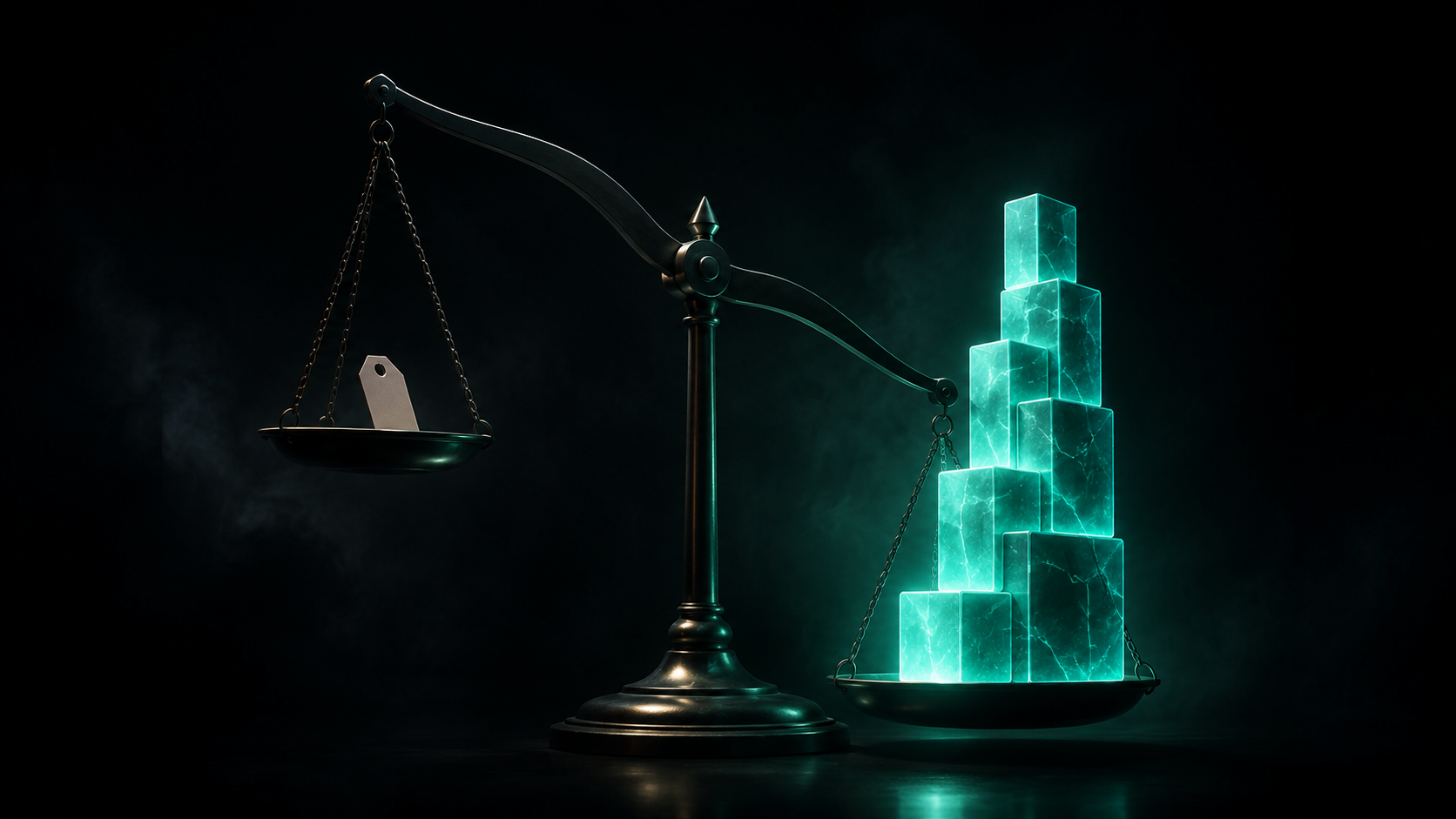 A balance scale with a small price tag far outweighed by a tall glowing stack of value — when value dwarfs the price, the decision makes itself