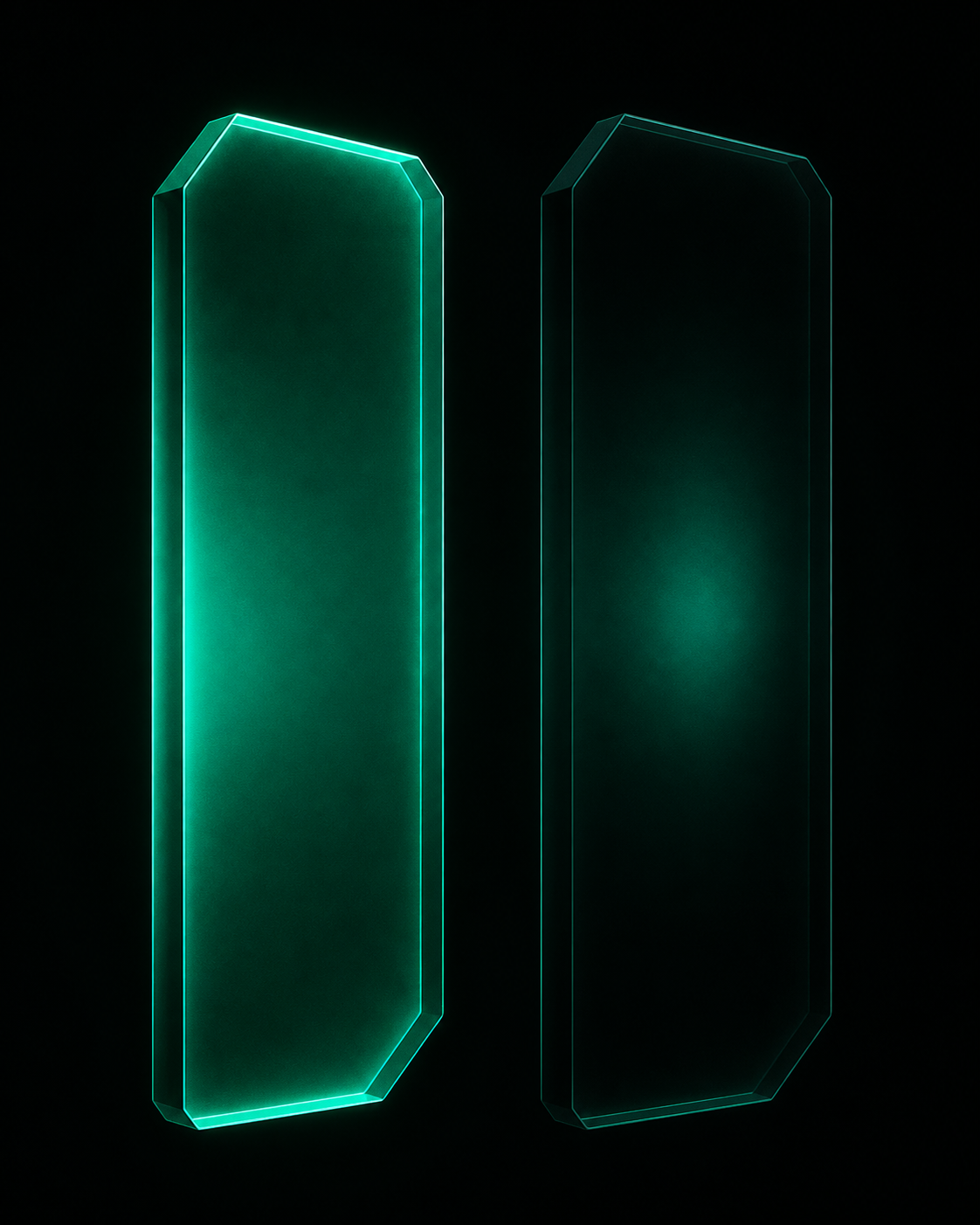 Two glowing teal ledger panels side by side, one labeled revenue staying bright, the other labeled value dimming toward black — the same business, two very different numbers