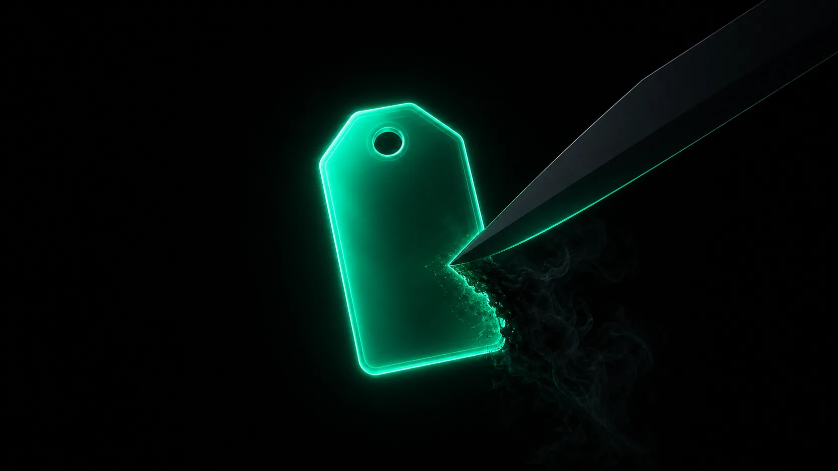 A glowing teal price tag sliced by a dark blade, the severed piece dissolving into black vapor