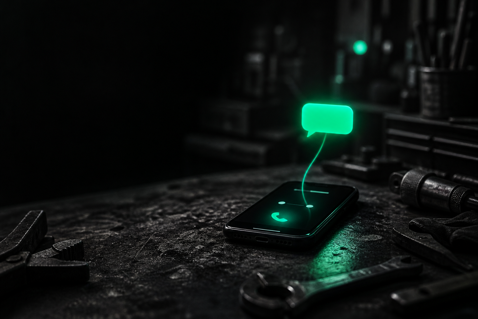 A dark workbench phone showing a missed call, answered instantly by a glowing teal text-message thread