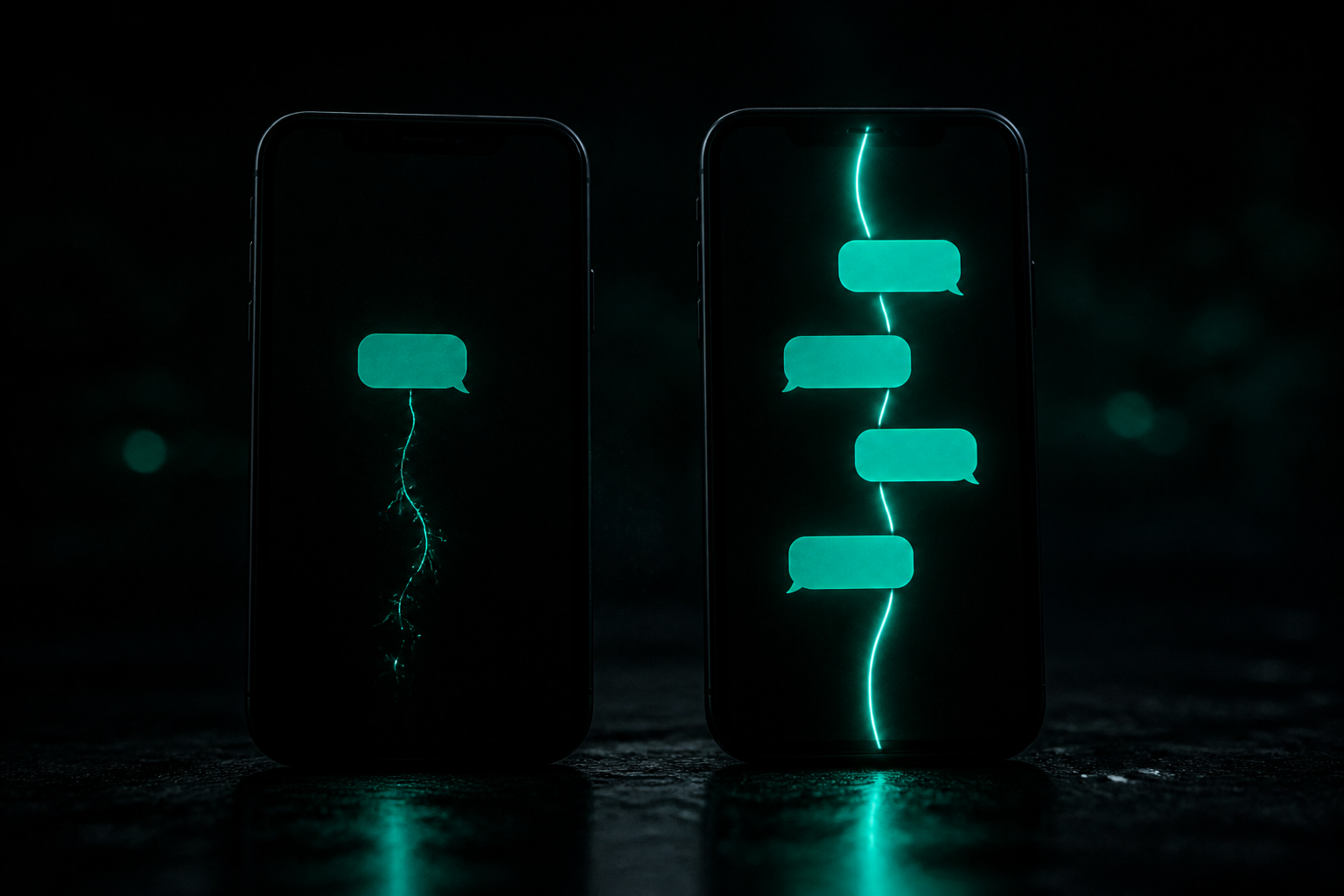 Two dark phones: one with a single dead-end teal bubble, the other with a live unbroken teal thread of a real conversation