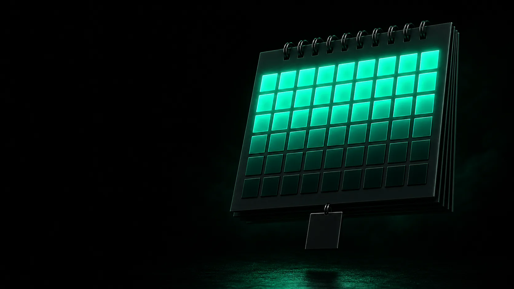 A dark calendar page fully lit with glowing teal squares fading page by page into a single blank unlit square hanging alone in black space