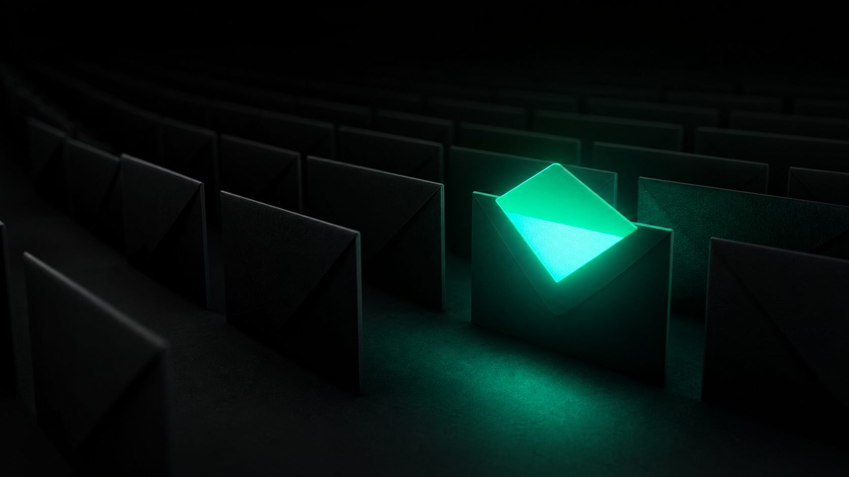 Rows of dark unopened envelopes fading into black, one glowing teal envelope still lit
