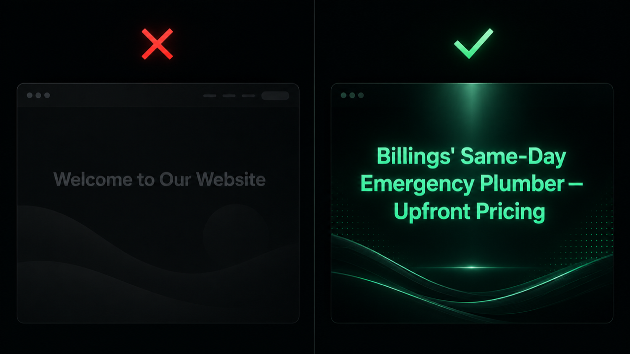 Before and after: a weak 'Welcome to Our Website' H1 versus a strong 'Billings' Same-Day Emergency Plumber — Upfront Pricing' H1