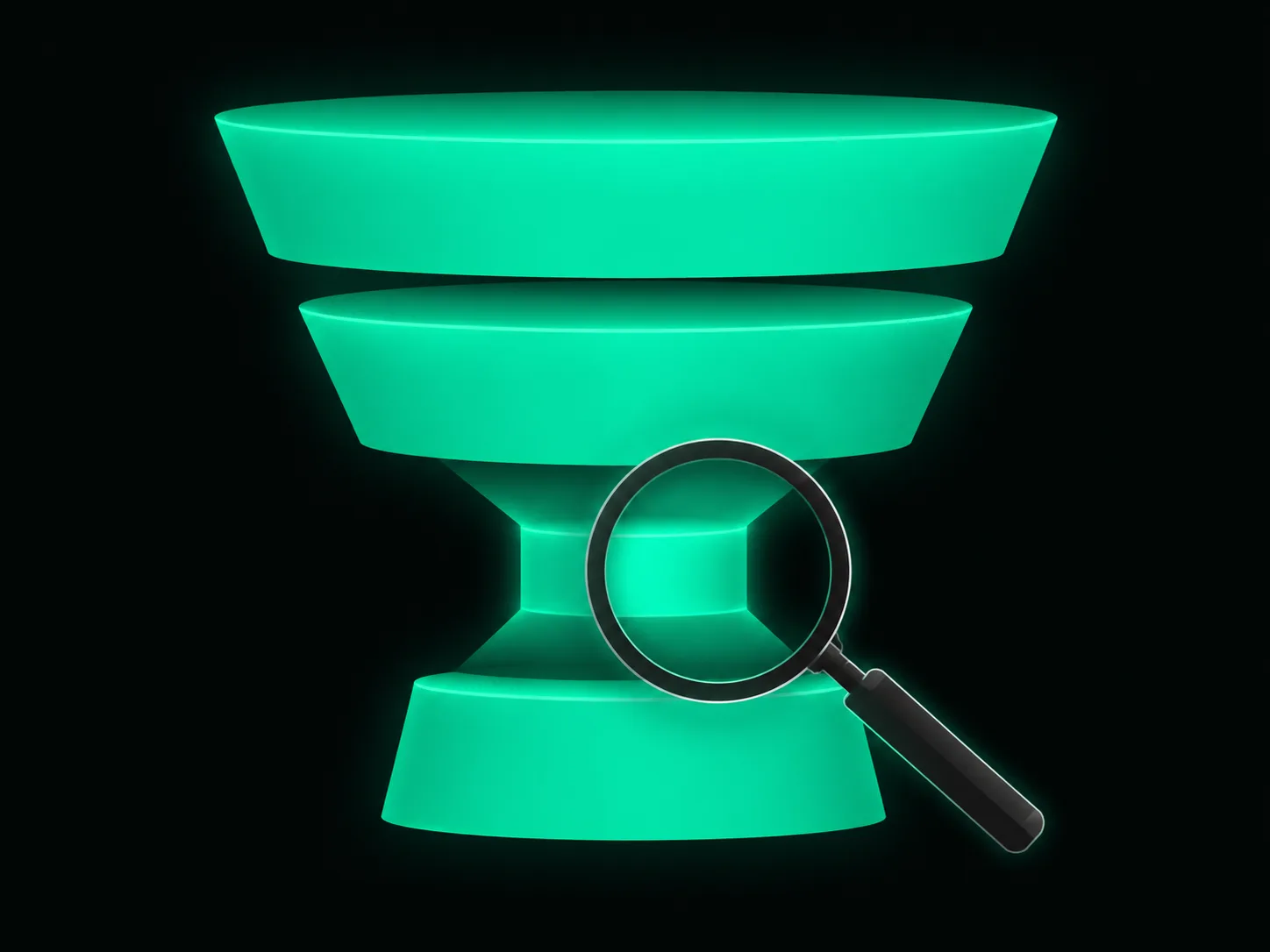 A magnifying glass moving down a funnel of metrics to pinpoint the worst-performing stage