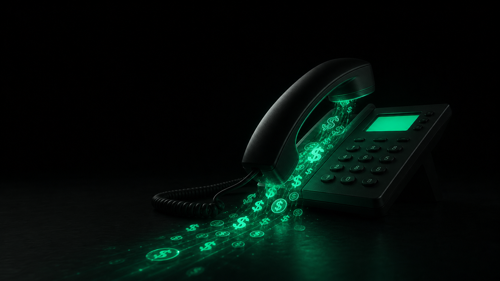 A dark desk phone with teal dollar signs spilling out of the handset and draining away