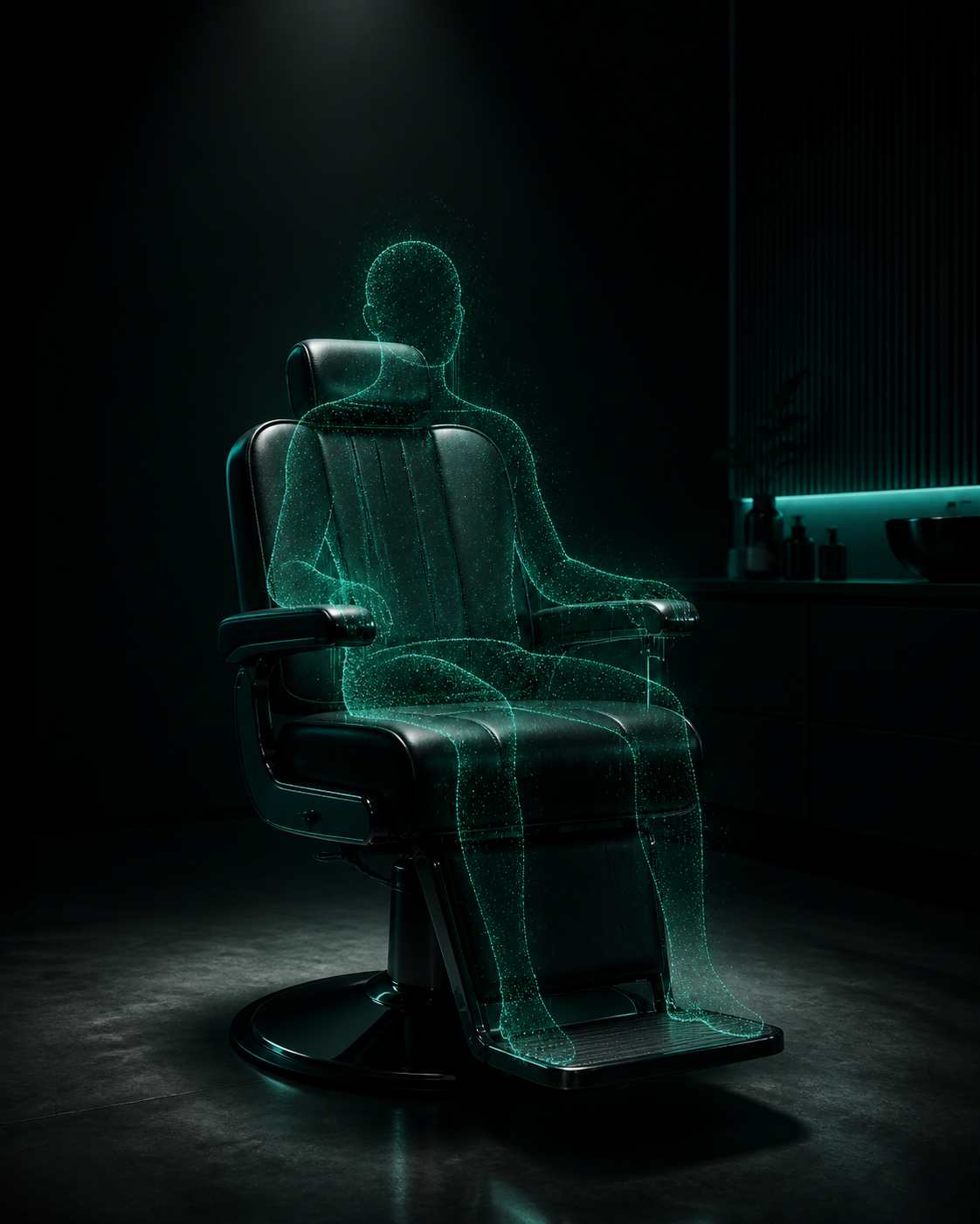 A single empty service chair in a dark room with a fading teal outline of where a customer should be sitting