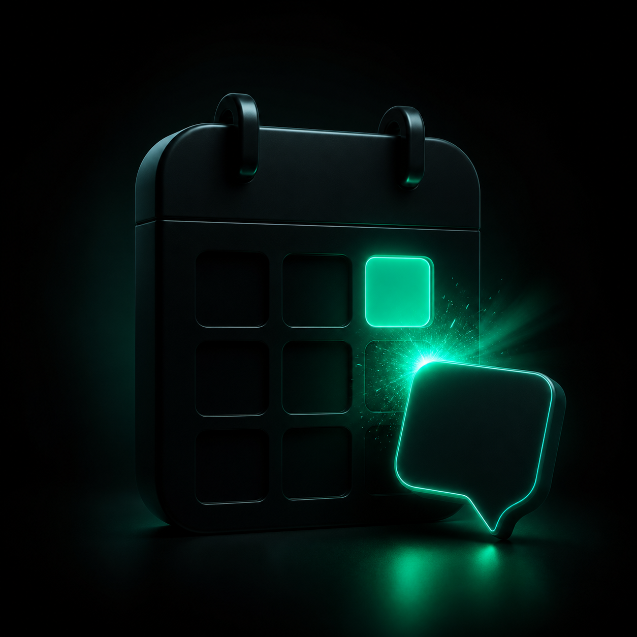 A dark calendar slot re-igniting with teal light as a small glowing notification bubble touches it