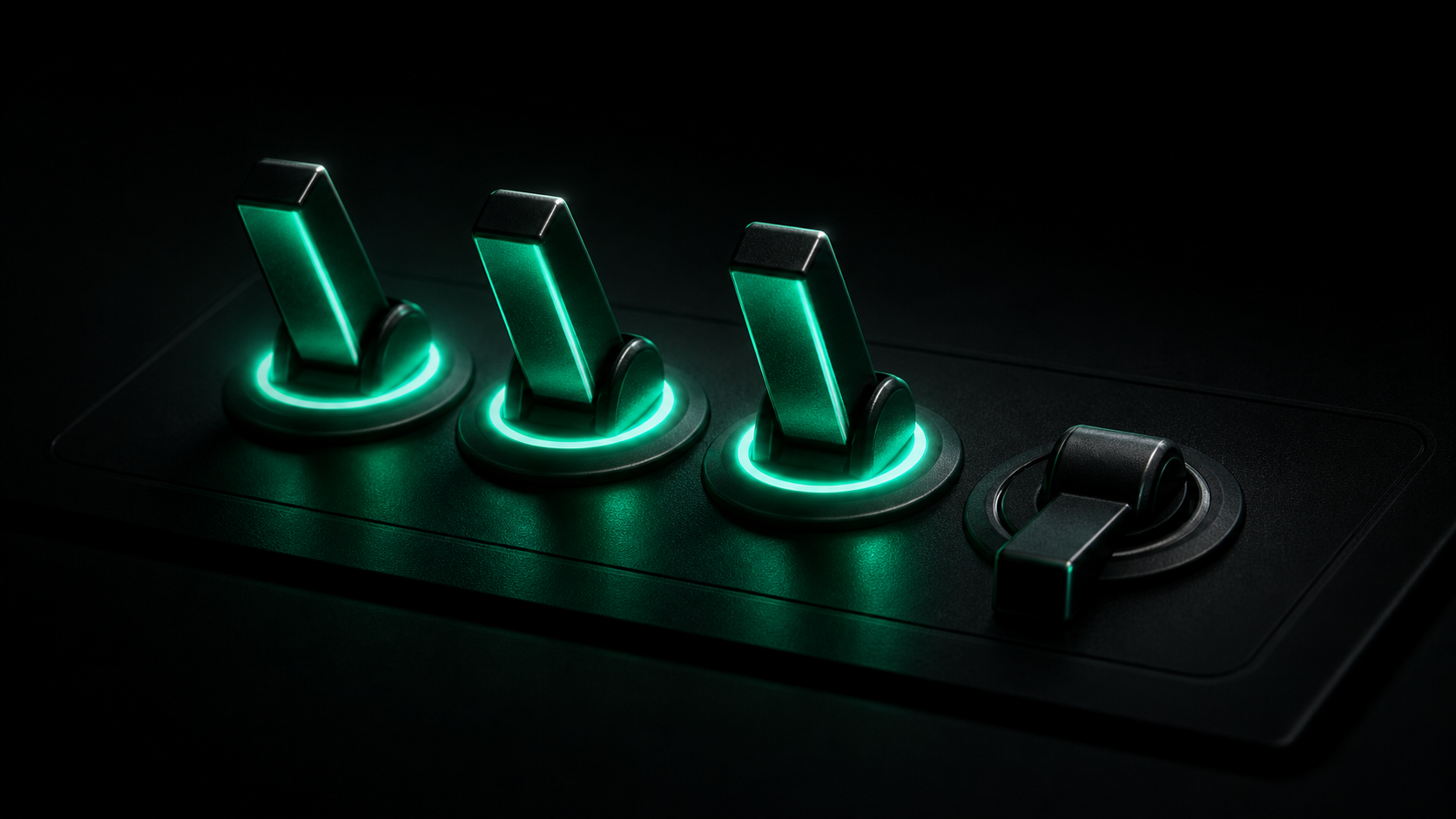 Four glowing teal toggle switches on a dark panel, three lit and one still dark