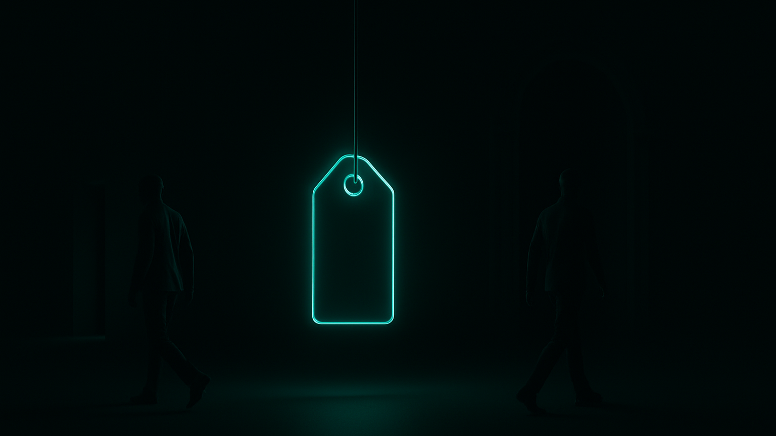 A single glowing teal price tag alone in near-black space, two dark human silhouettes walking away from it in opposite directions toward two unlit doorways