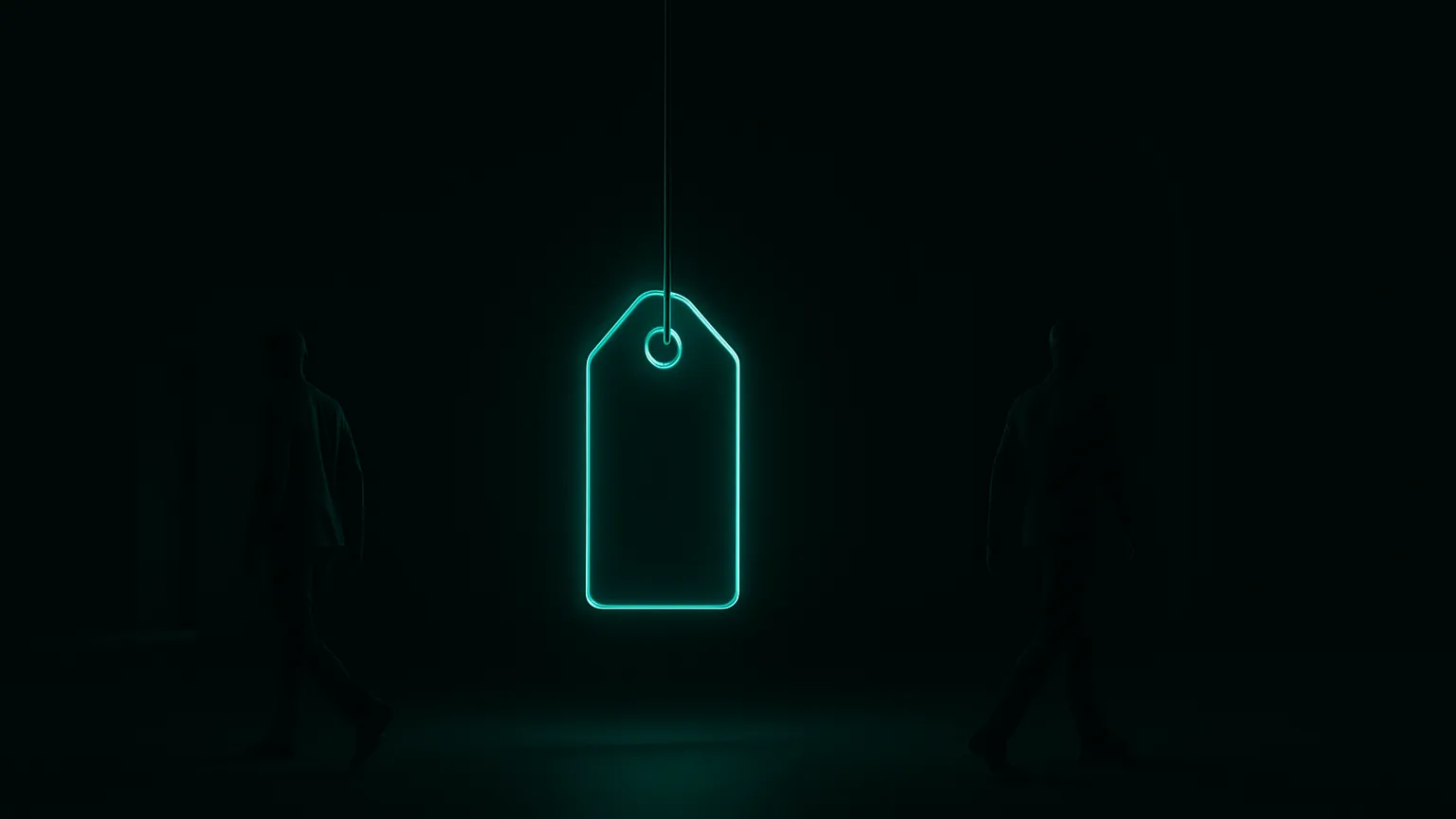 A single glowing teal price tag alone in near-black space, two dark human silhouettes walking away from it in opposite directions toward two unlit doorways