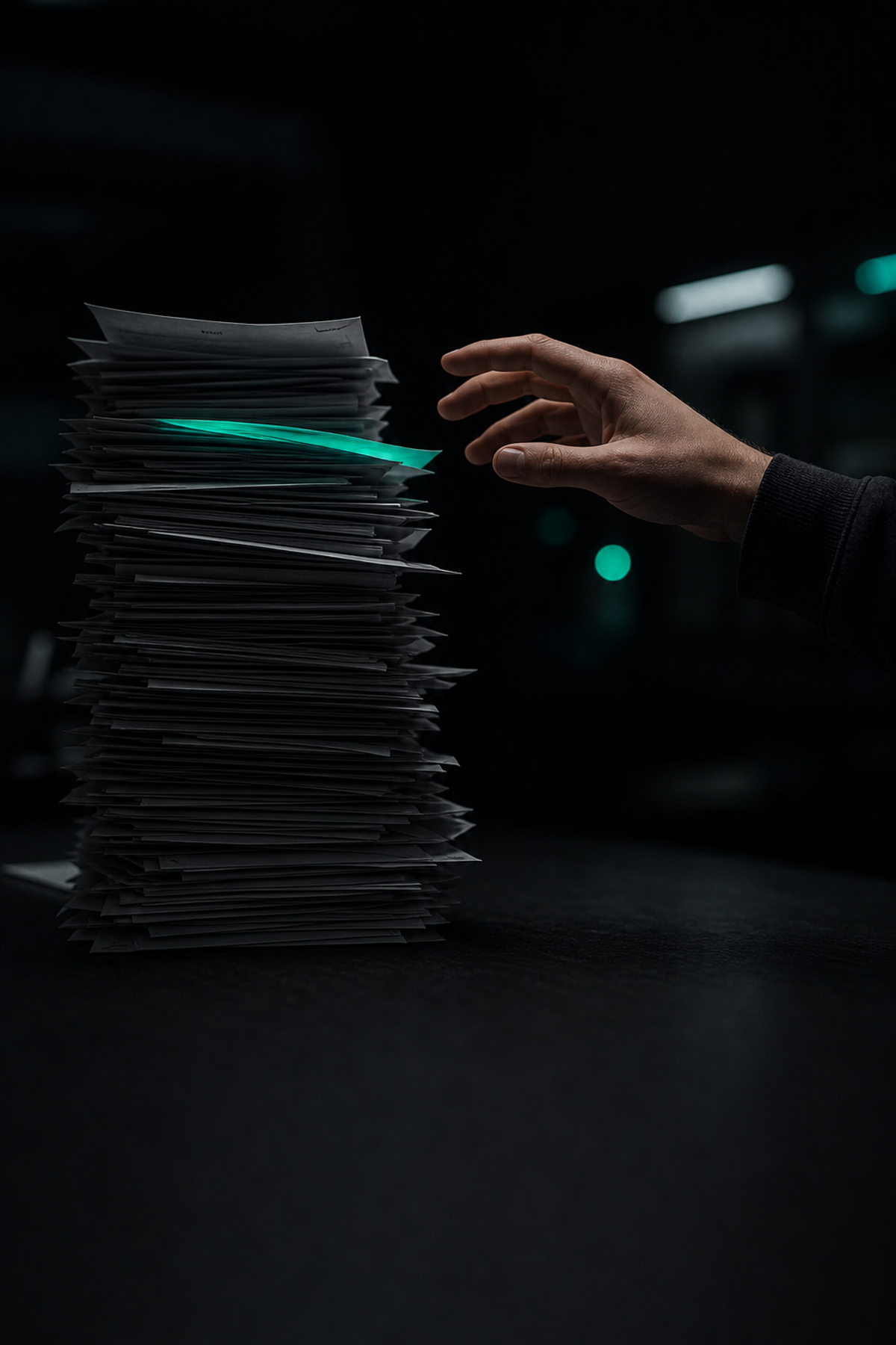 A tall pile of paper quote slips on a dark desk, each one dimmer and more buried than the last, a single slip near the top still glowing faint teal before it's swallowed by the stack