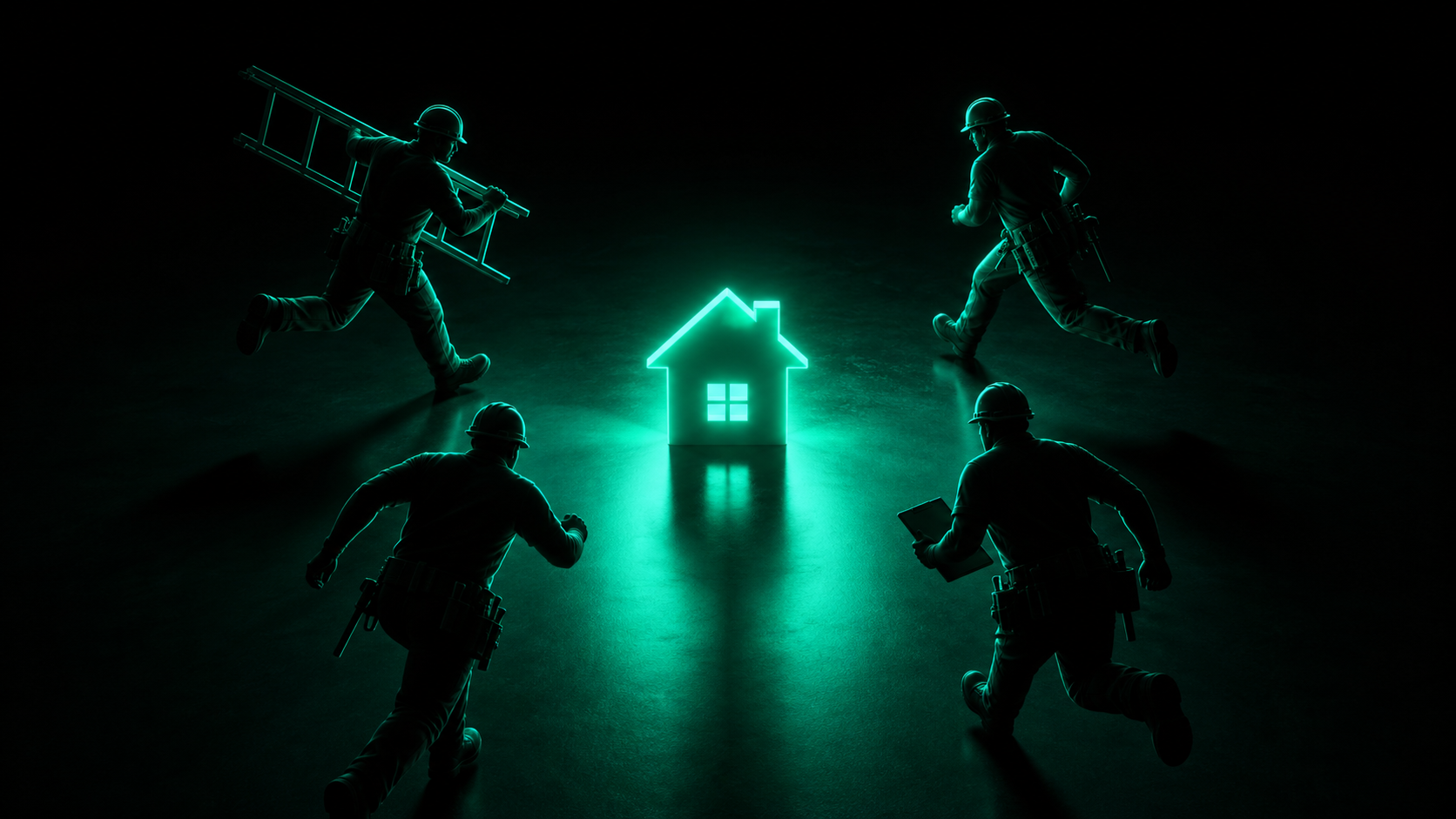 Four contractors racing toward a single glowing house, converging on the same homeowner
