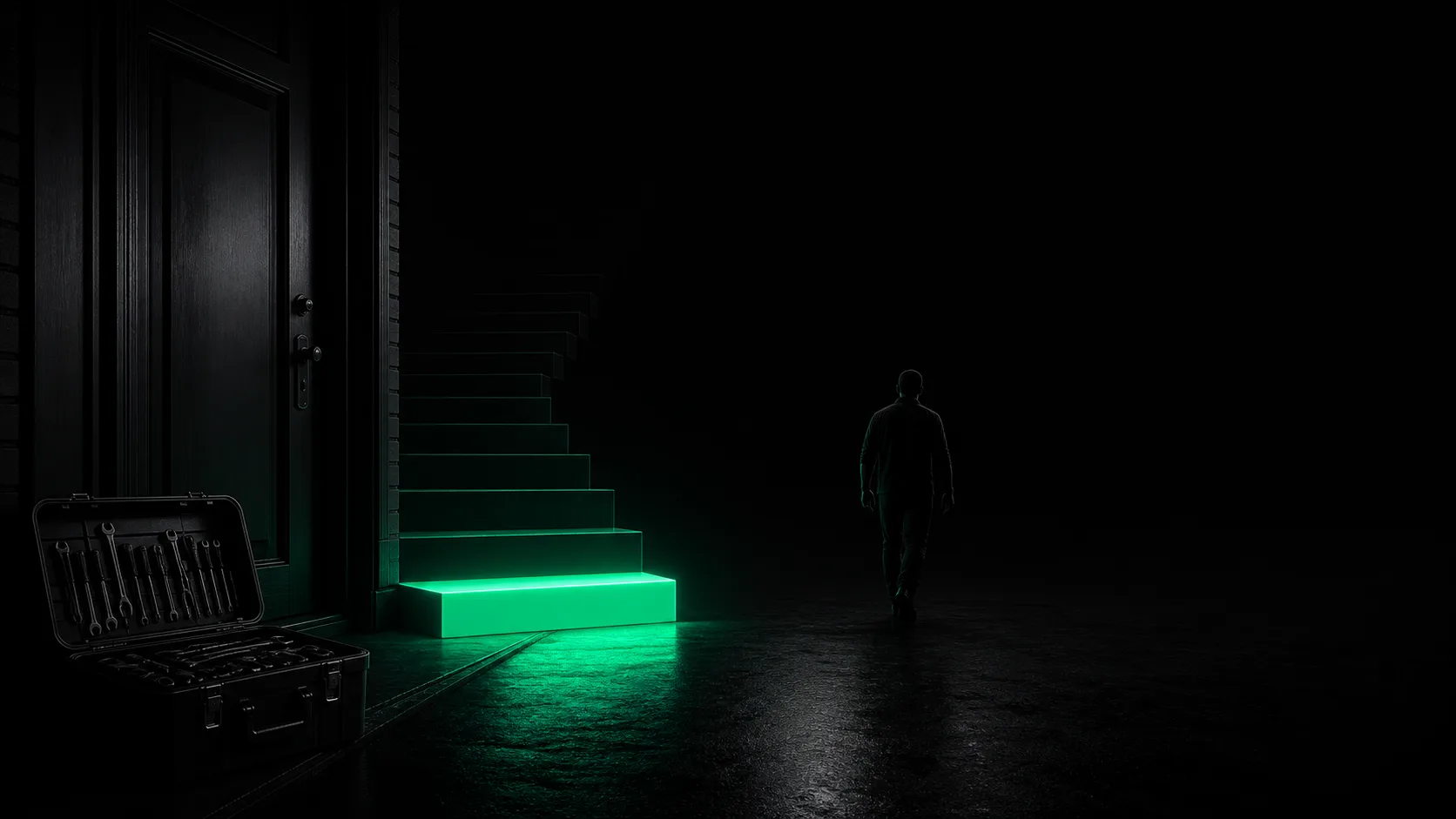A completed job at a dark doorway with a glowing teal staircase whose only lit step is the first one, a silhouette walking away into the dark instead of climbing