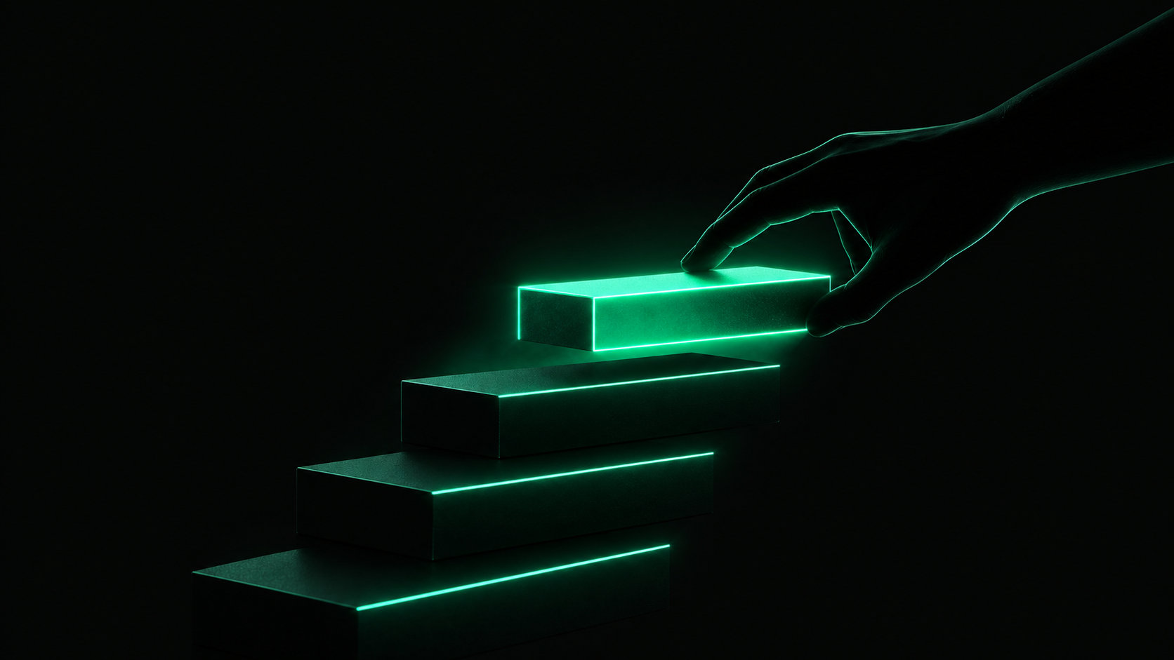A hand extending a new glowing teal step into the dark space above an existing staircase, completing the path upward