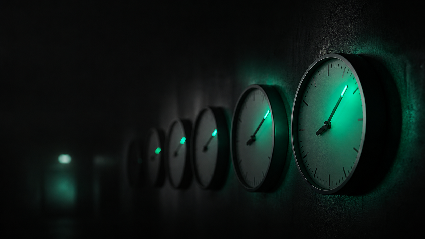 A row of dark analog clocks in a hallway, the first glowing teal and spilling its light onto the next, each set further past the hour, the delay cascading down the row into darkness