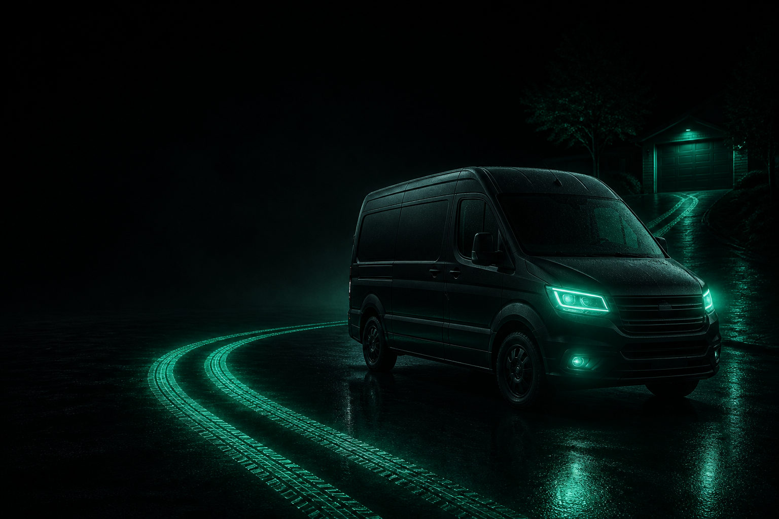 A service van's teal headlights retracing the same glowing tire tracks back to a dark porch a second time