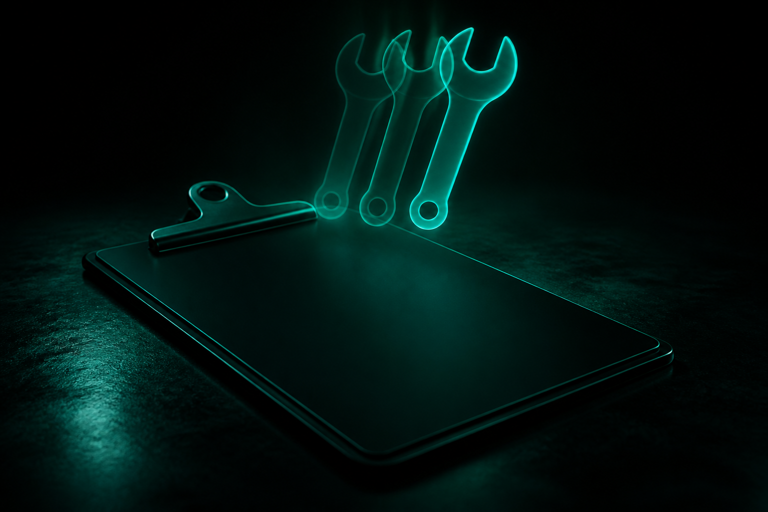 Three faint overlapping teal wrench icons on a dark, blank clipboard with no entries written