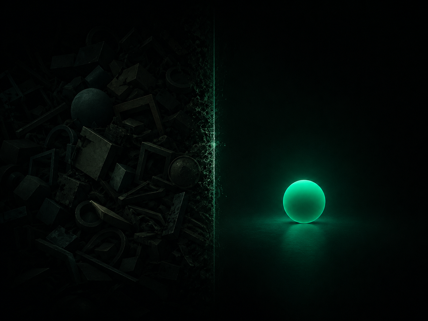 A cluttered tangle of shapes on the left reduced to one clean glowing sphere on the right — subtraction creating clarity