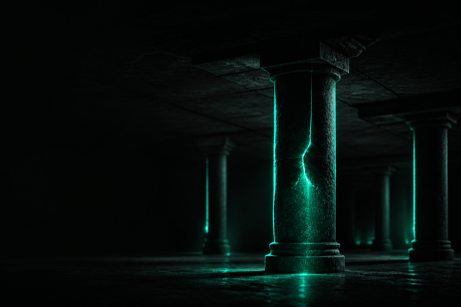 A dark storefront held up by several glowing teal support pillars, one far thicker than the rest, cracking under the weight while the others stand thin and untouched