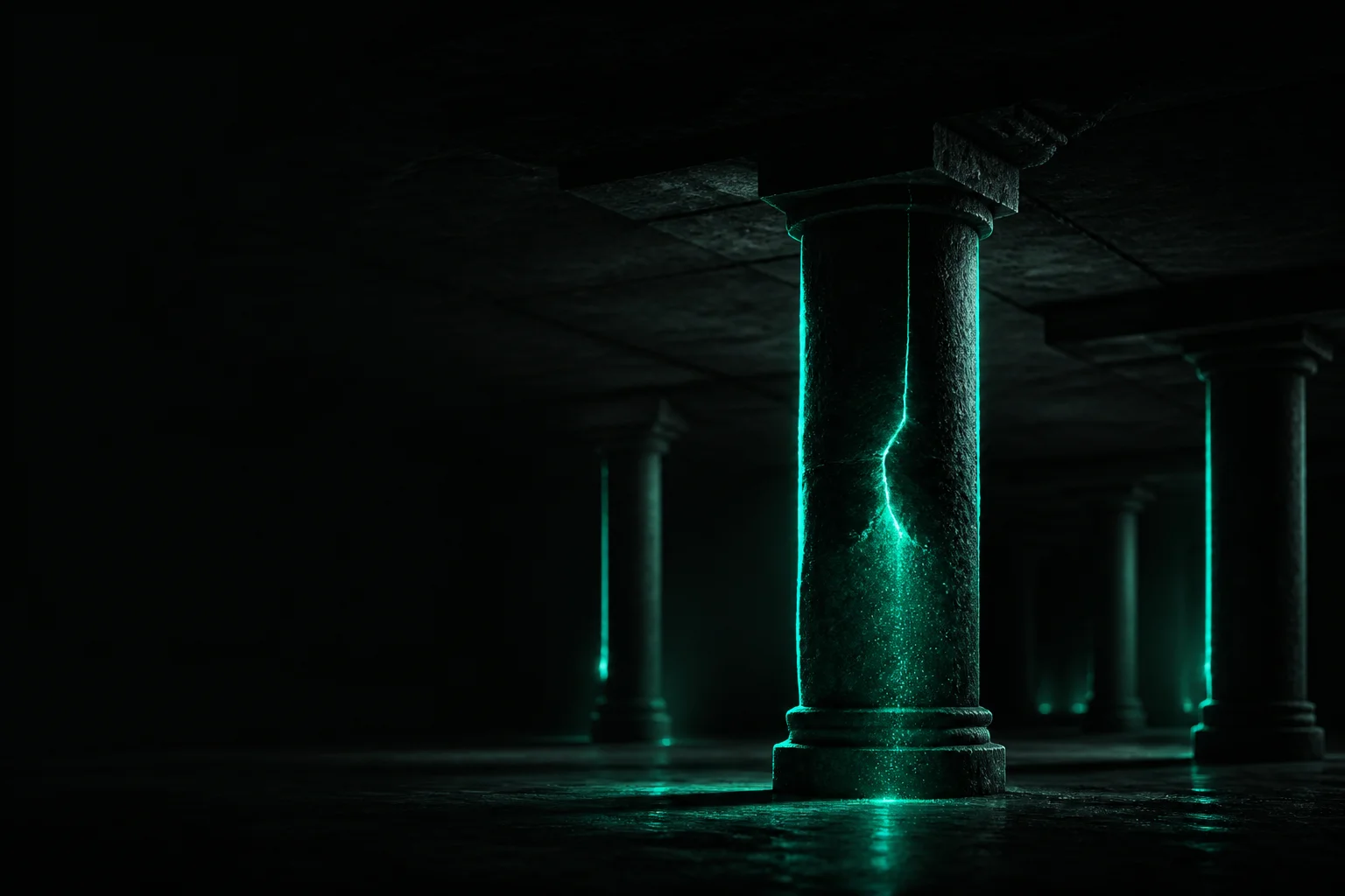 A dark storefront held up by several glowing teal support pillars, one far thicker than the rest, cracking under the weight while the others stand thin and untouched