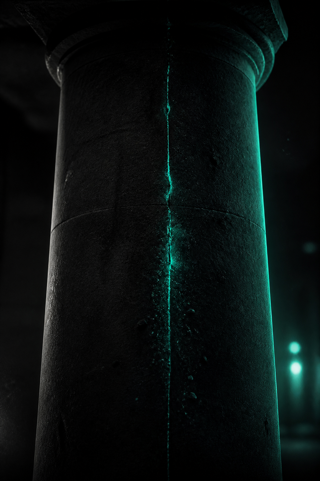 A dark structure supported by one thick glowing teal pillar cracking down the middle while the rest of the frame goes dim