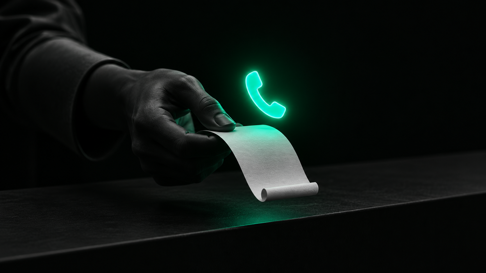 A hand at a counter handing over a receipt with a small teal phone icon glowing above it