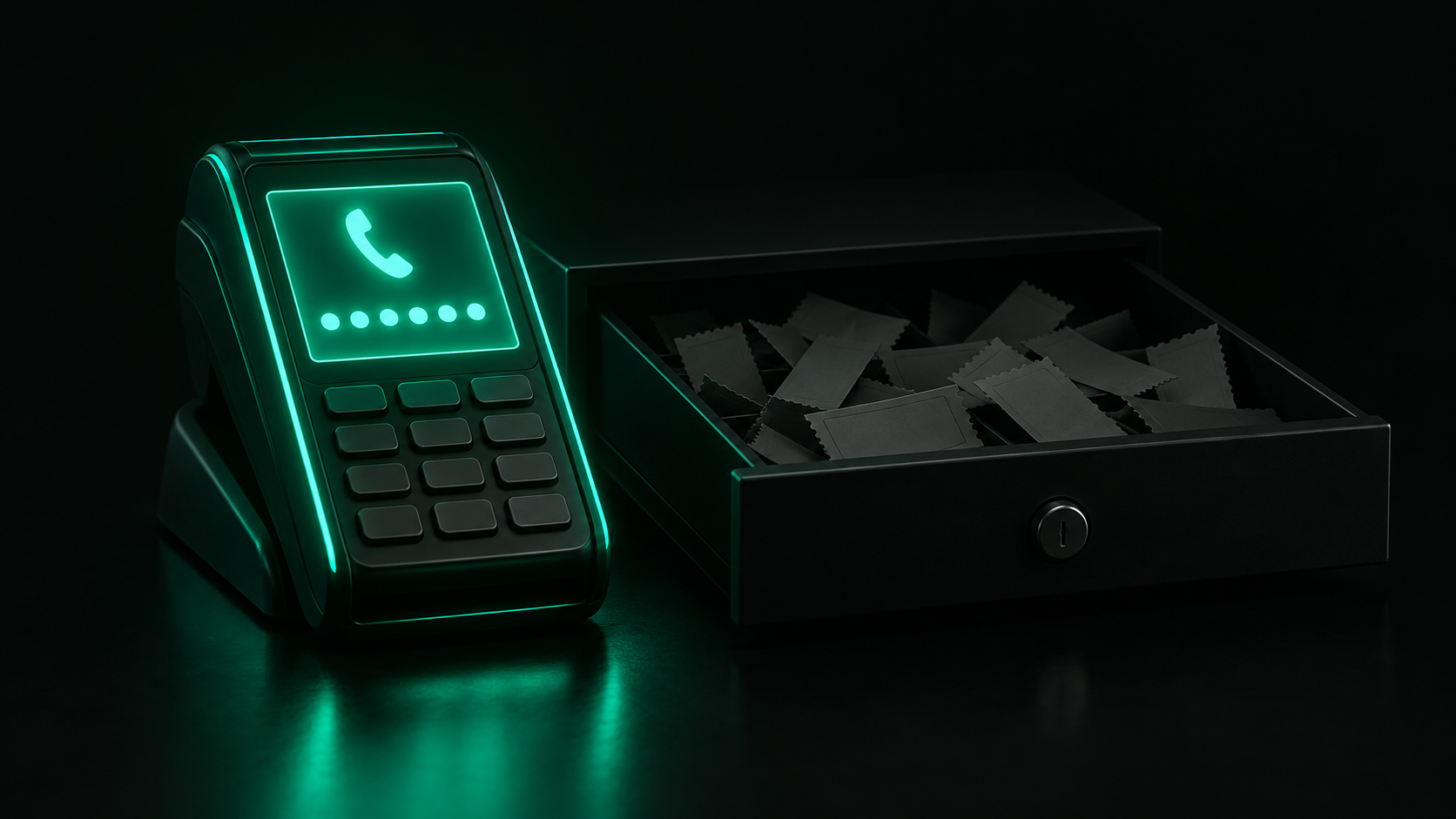 A glowing teal card payment terminal capturing a phone number next to a dark, unlit cash drawer full of paper tickets