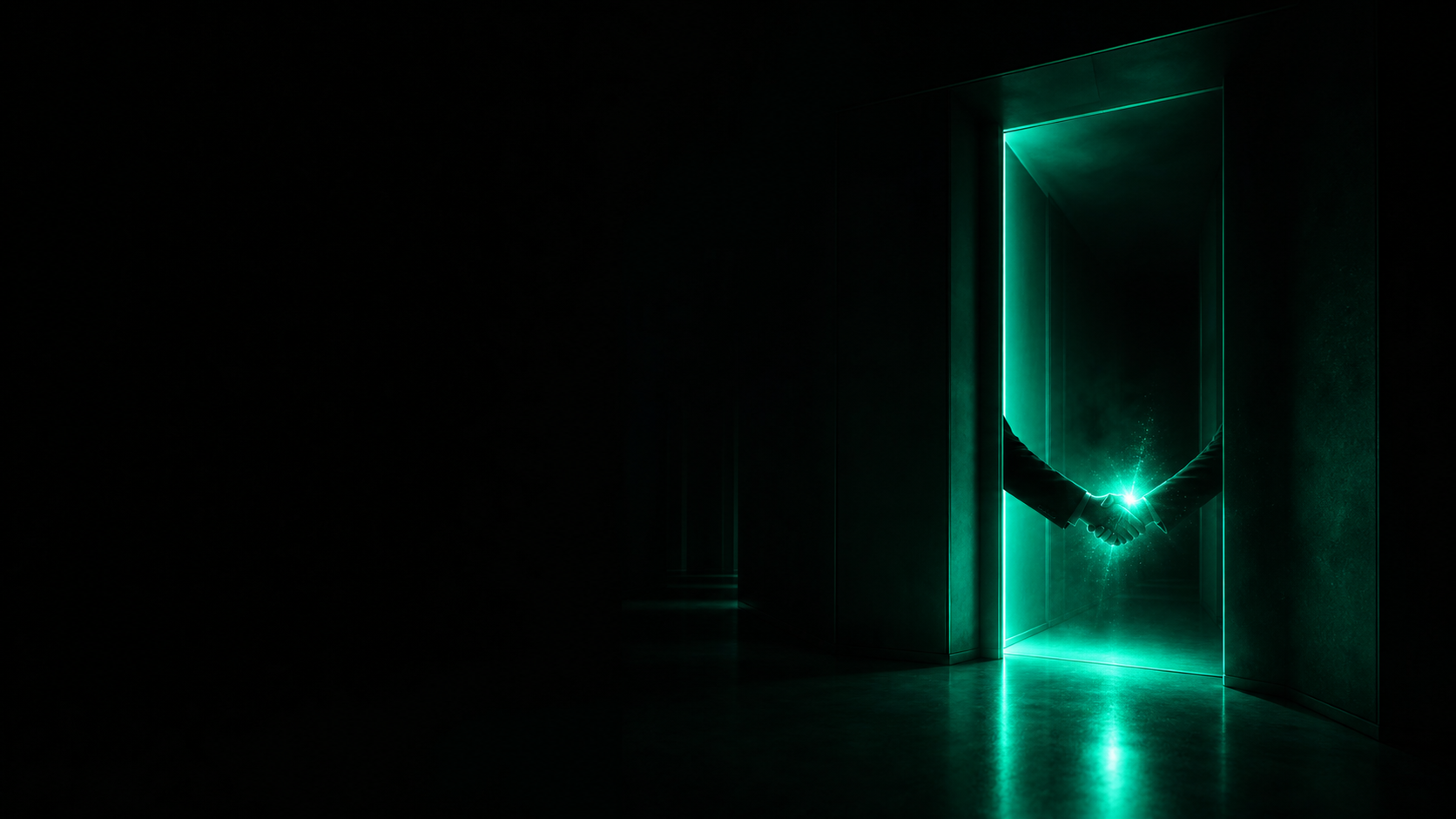A single warm teal spark flaring bright at a doorway threshold, then fading to black down the dark hallway beyond