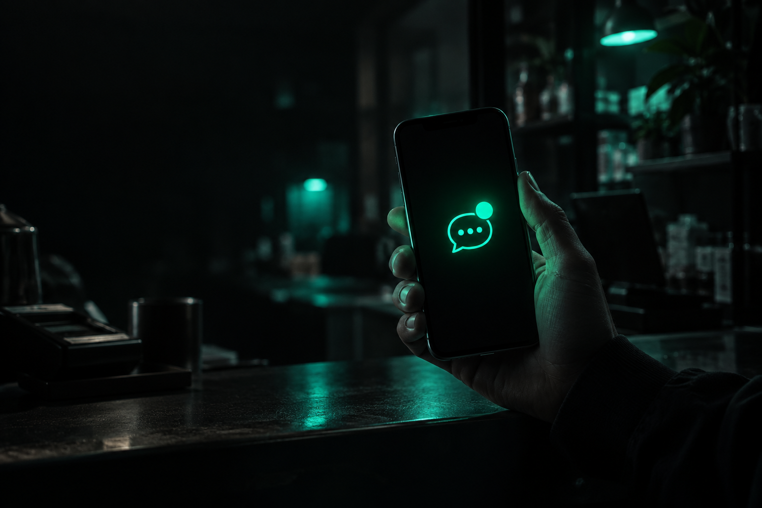 A phone screen glowing teal with an unread Instagram message notification, sitting untouched in the dark