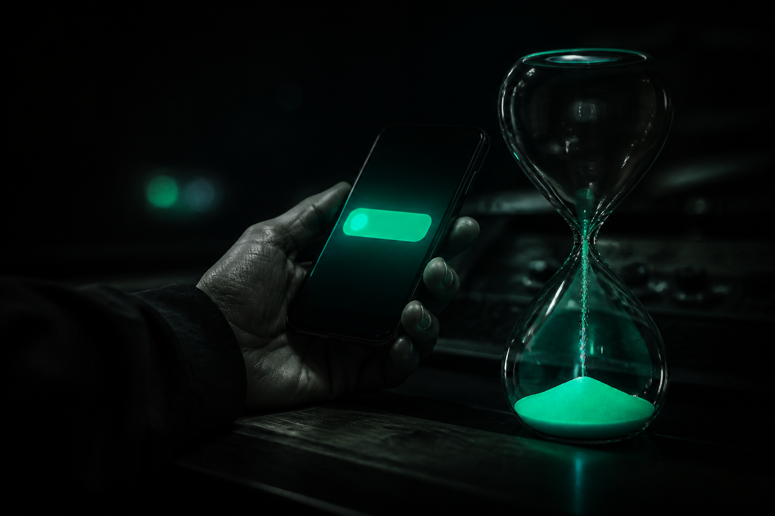 A hand holding a glowing phone in the dark with a translucent teal hourglass draining beside the screen, the light almost gone