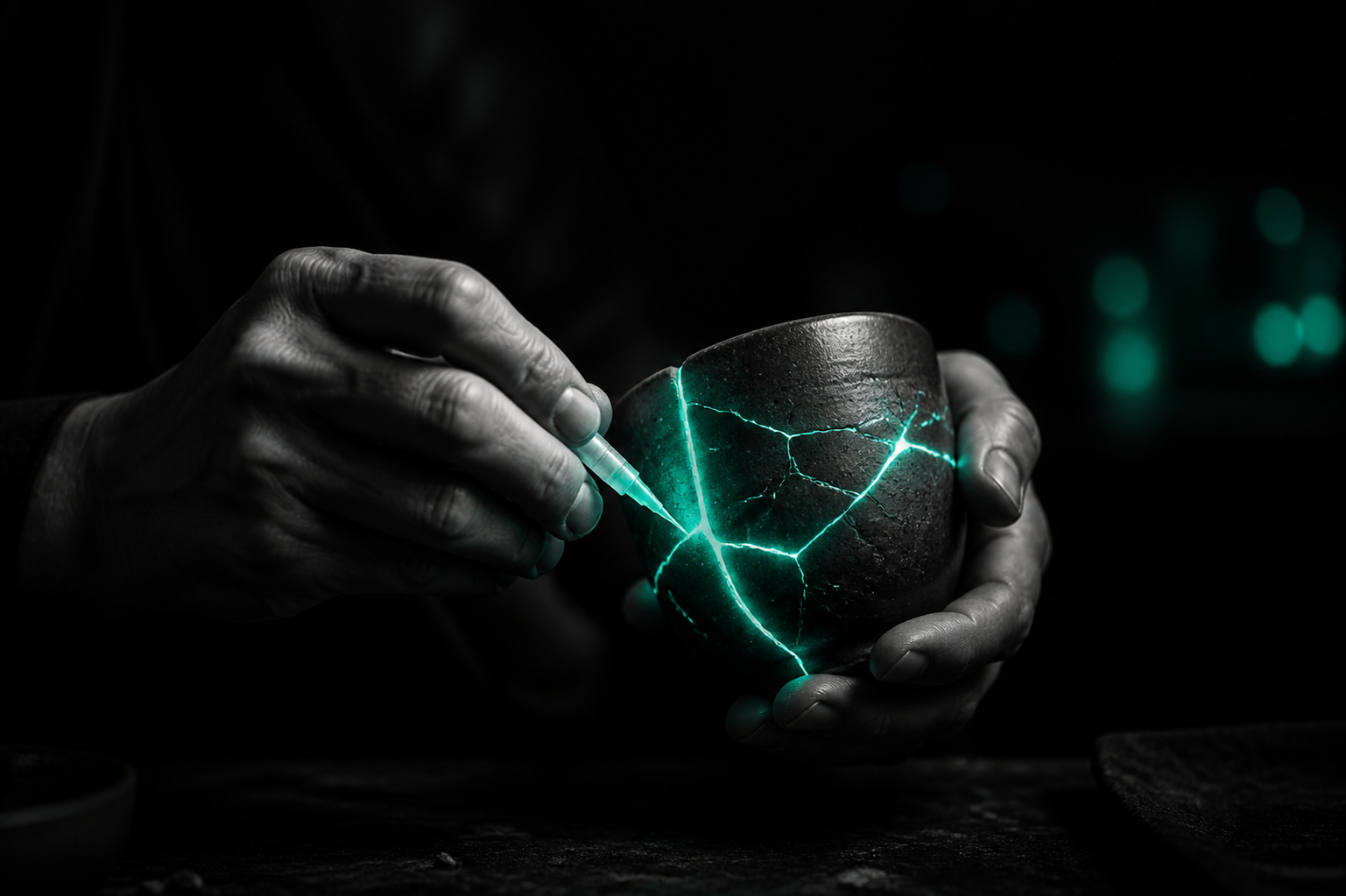 A cracked ceramic mug being repaired with glowing teal seams along the break lines, kintsugi-style