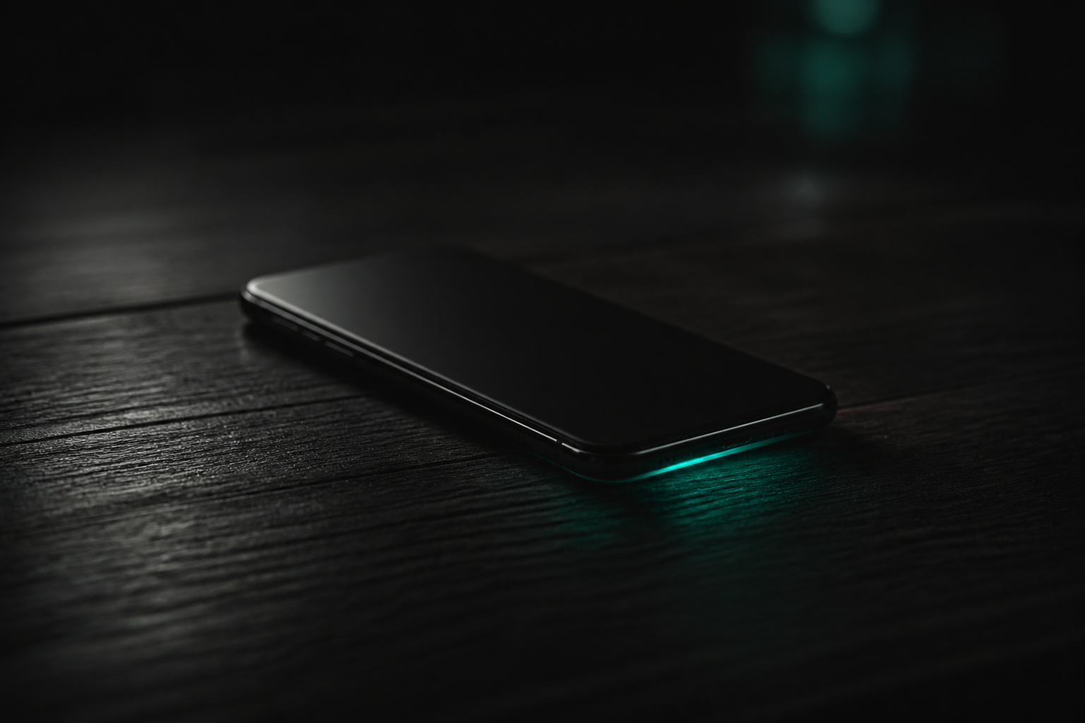 A phone left face-down on a dark counter, a thin teal glow leaking out from underneath it and fading into black