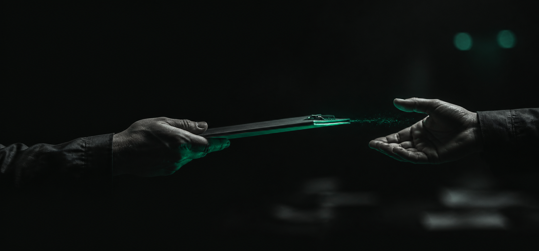 Two hands in near-darkness passing a glowing teal folder, but a thread of teal light frays and dissolves into shadow in the gap between them before it fully arrives