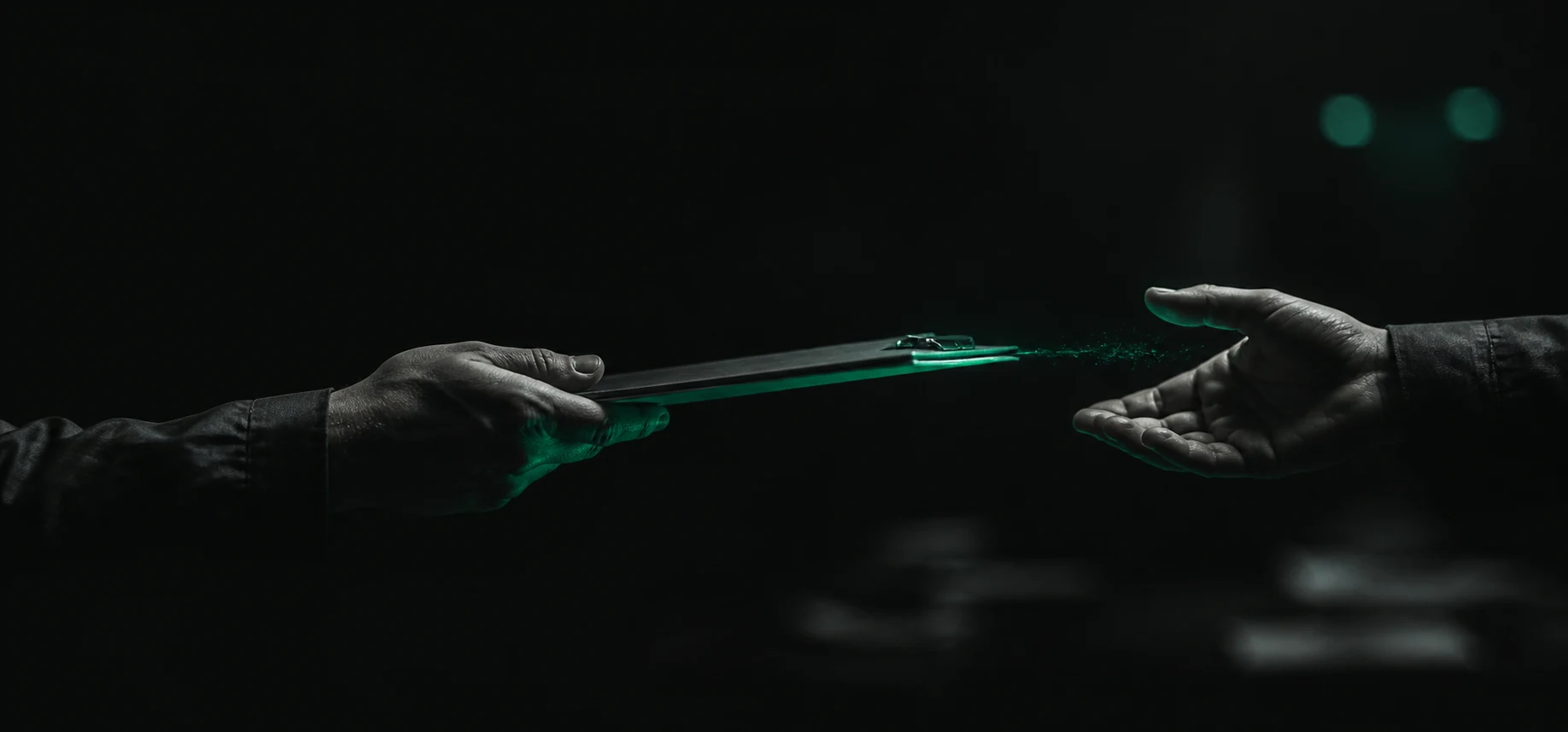 Two hands in near-darkness passing a glowing teal folder, but a thread of teal light frays and dissolves into shadow in the gap between them before it fully arrives