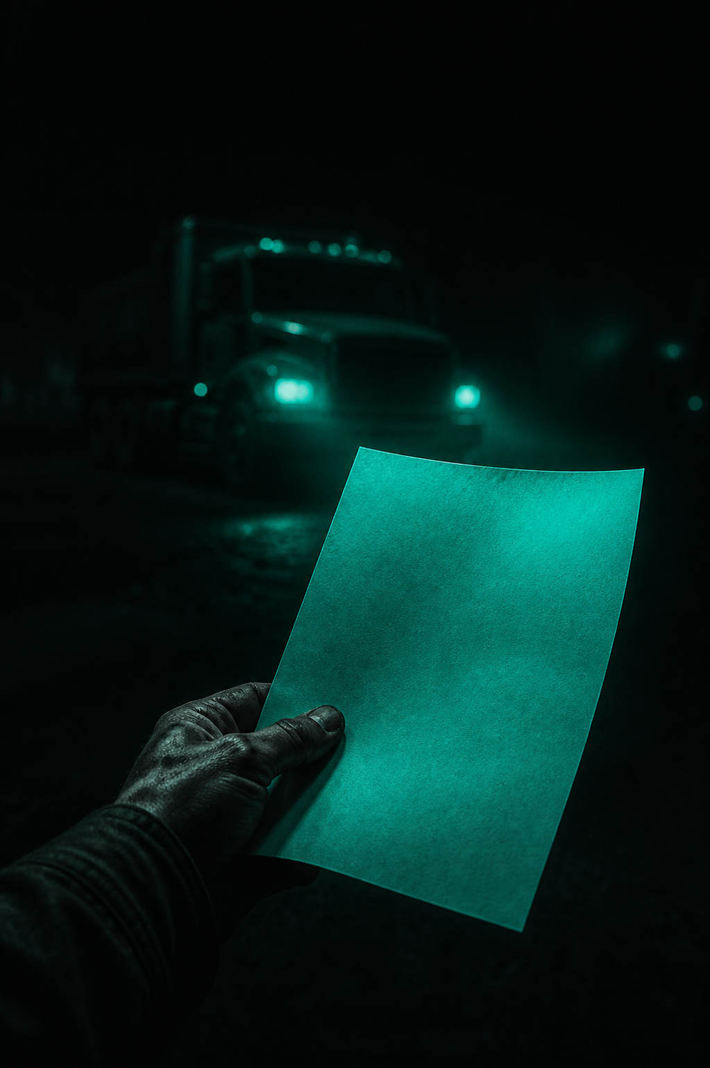 A calloused hand at a dark job site holding a single glowing teal one-page sheet, a work truck's headlights faintly teal in the background