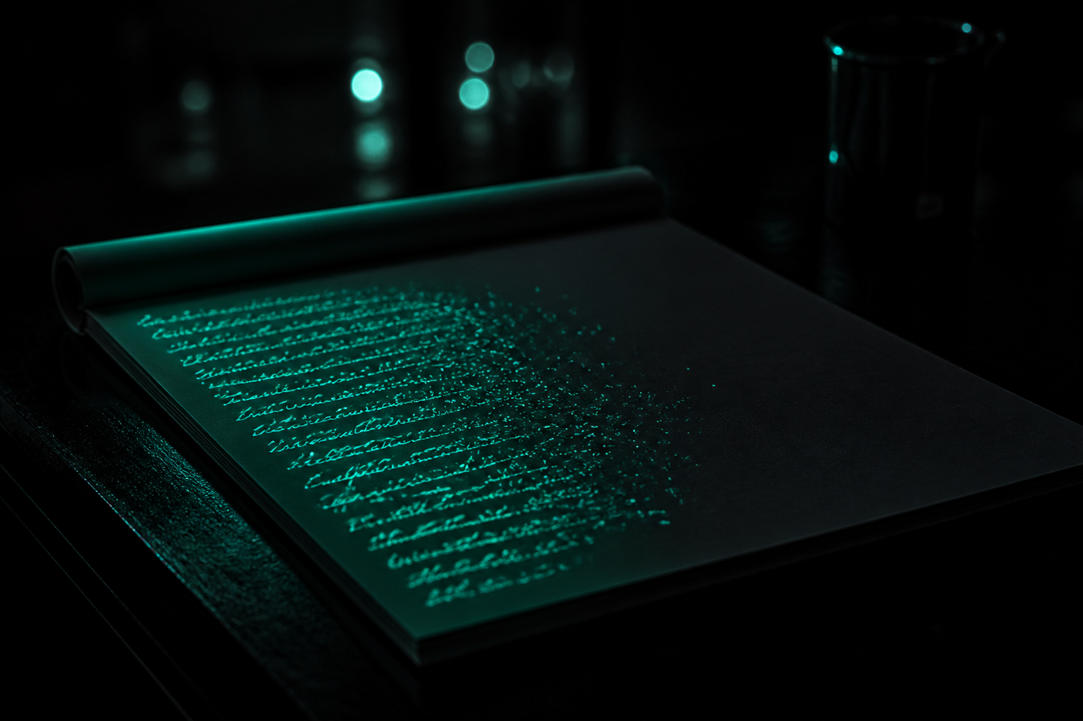 A dark desk with a glowing teal notepad whose handwriting fades to nothing halfway across the page, the second half left blank in shadow