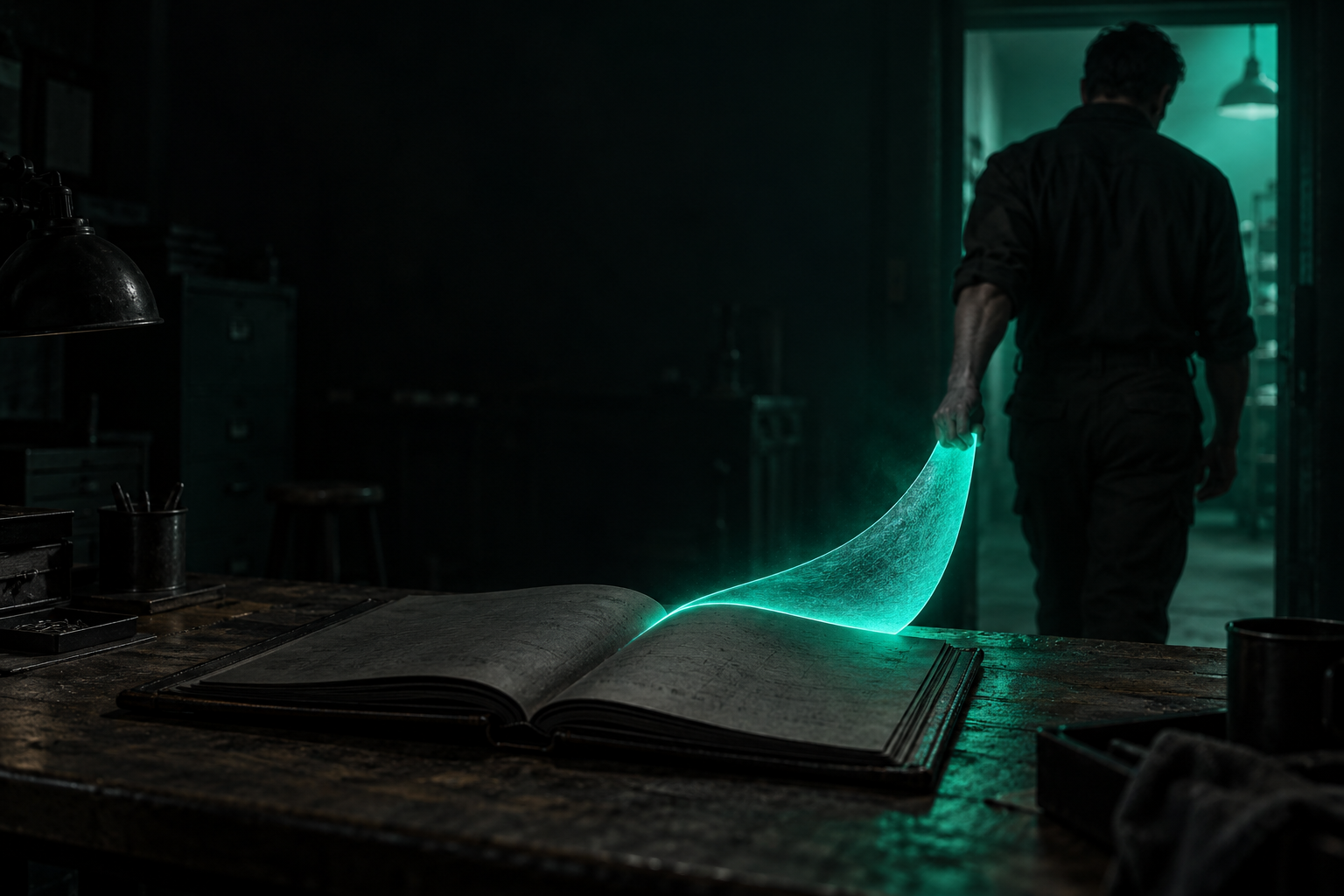 A glowing teal customer file open on a dark desk, one page peeling free and following a departing hand toward a door while the rest of the file stays dim
