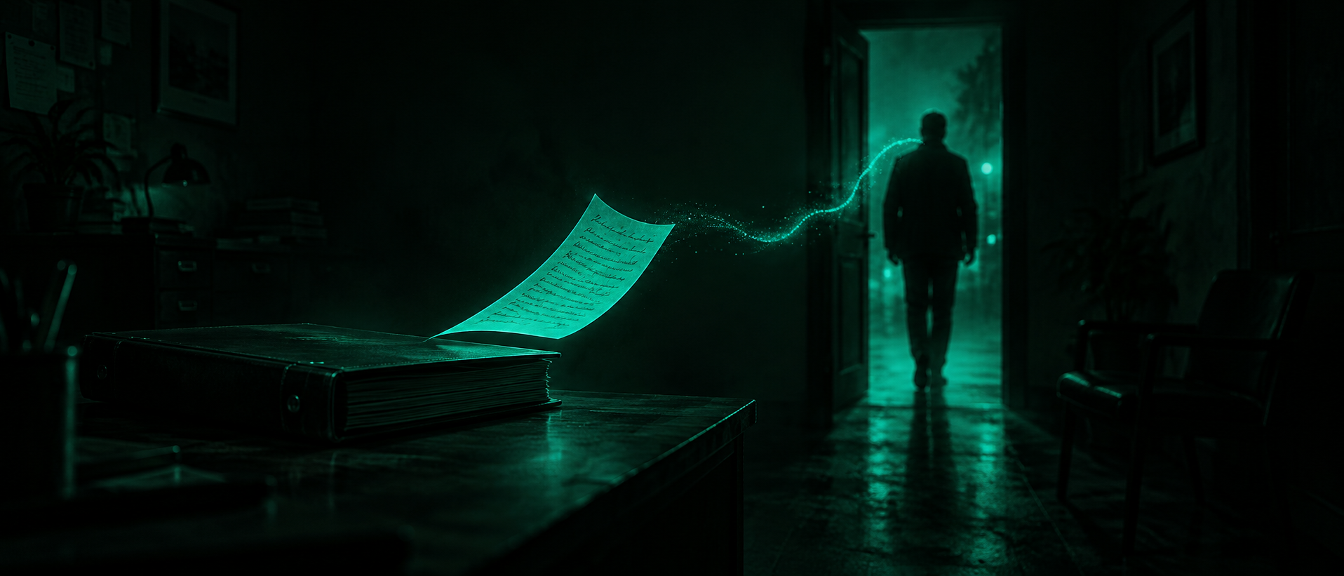 A glowing teal customer file with one page peeling loose and following a departing silhouette out a dark doorway