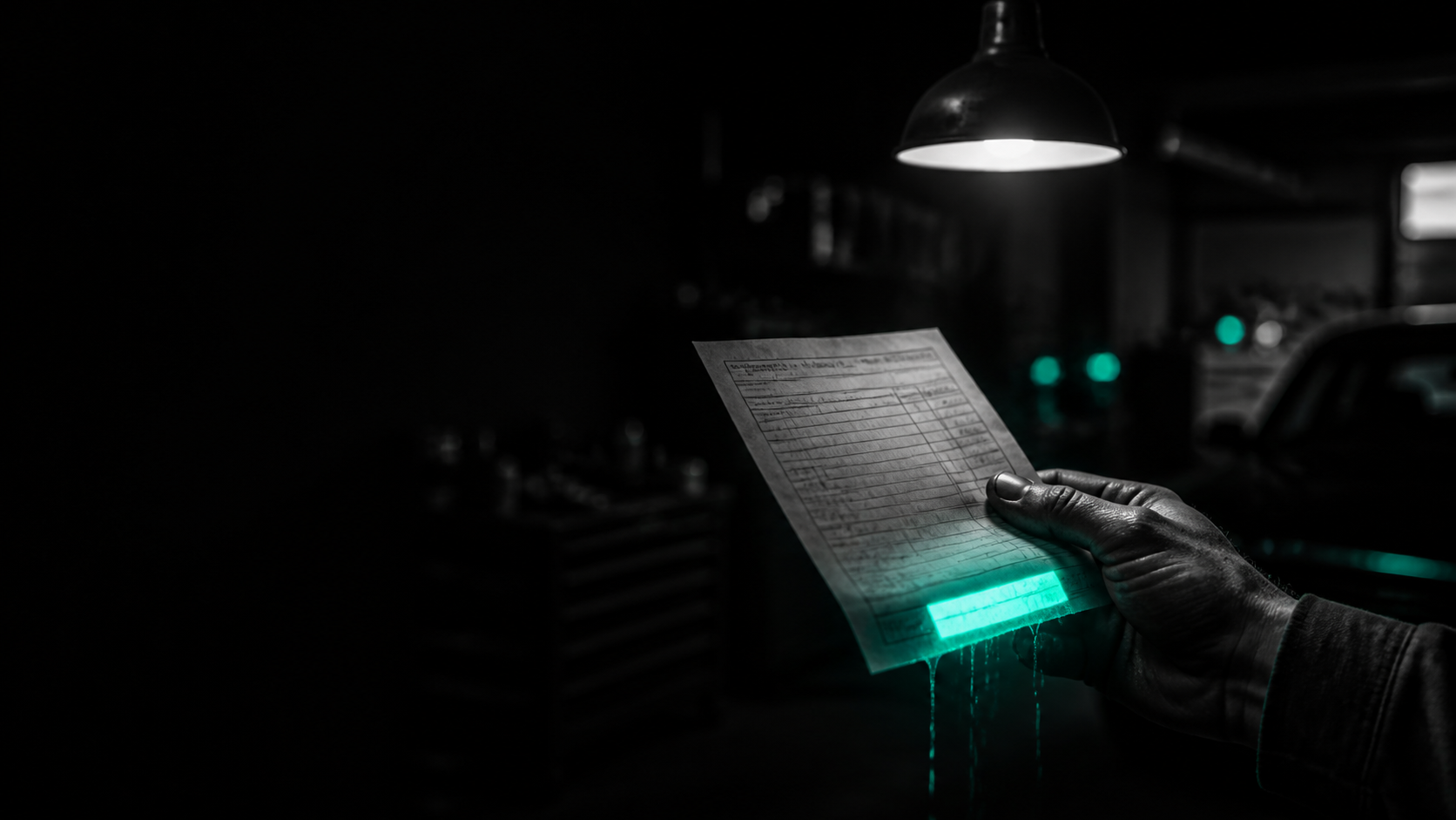 A tradesperson's hand holding a work order under a shop light, the total glowing teal and draining away like liquid off the page