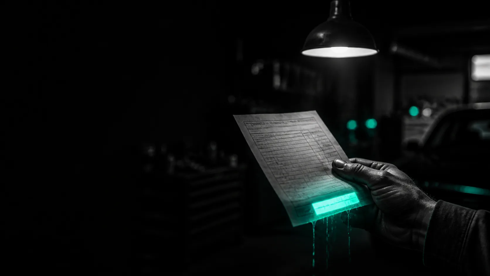 A tradesperson's hand holding a work order under a shop light, the total glowing teal and draining away like liquid off the page