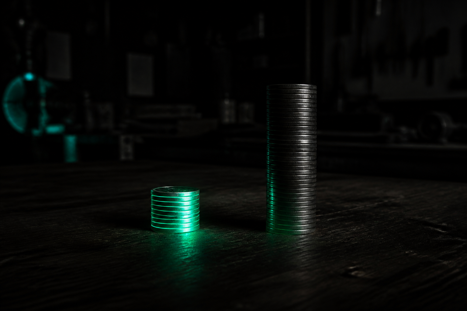 Two stacks of coins — a short stack glowing brightly next to a taller stack glowing faintly, showing that more does not mean brighter