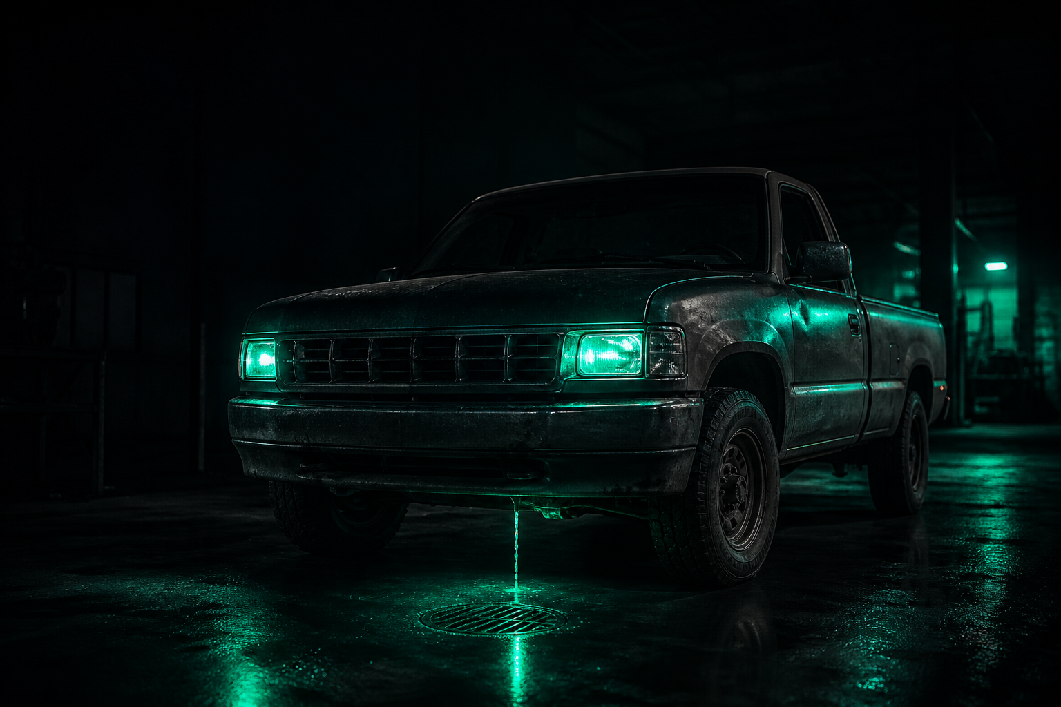 A well-loved work truck lit proudly in the dark, while a thin stream of teal light quietly drains from underneath it into a floor drain