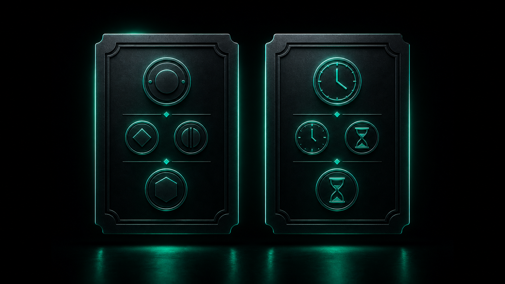 Two identical glowing statement panels side by side — one of money, one of clocks and hourglasses — showing that time is the same kind of bill as money