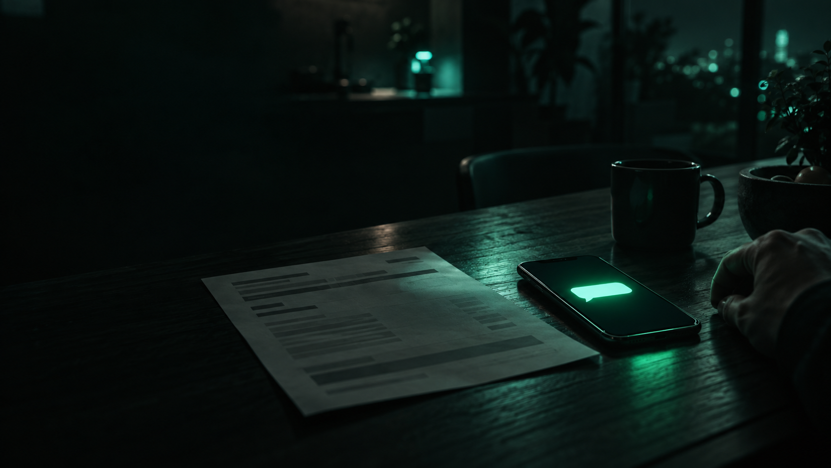 A dark kitchen table at night, a printed quote half in shadow beside a smartphone lighting up teal with an incoming text