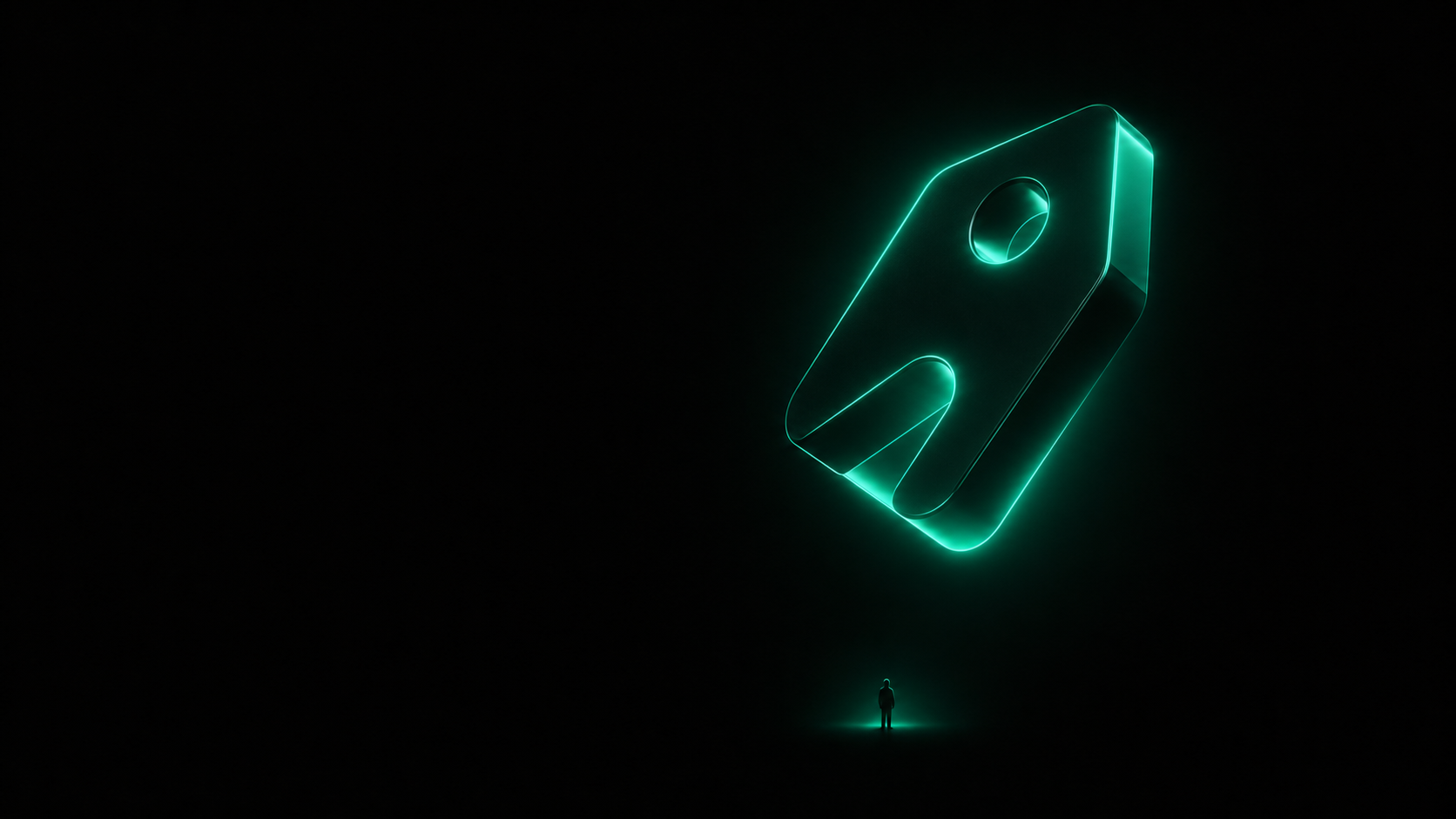 A single glowing teal number floating alone in a vast dark void with no lines, frame, or reference points around it, while a small dark figure looks up at it uncertain what to compare it to