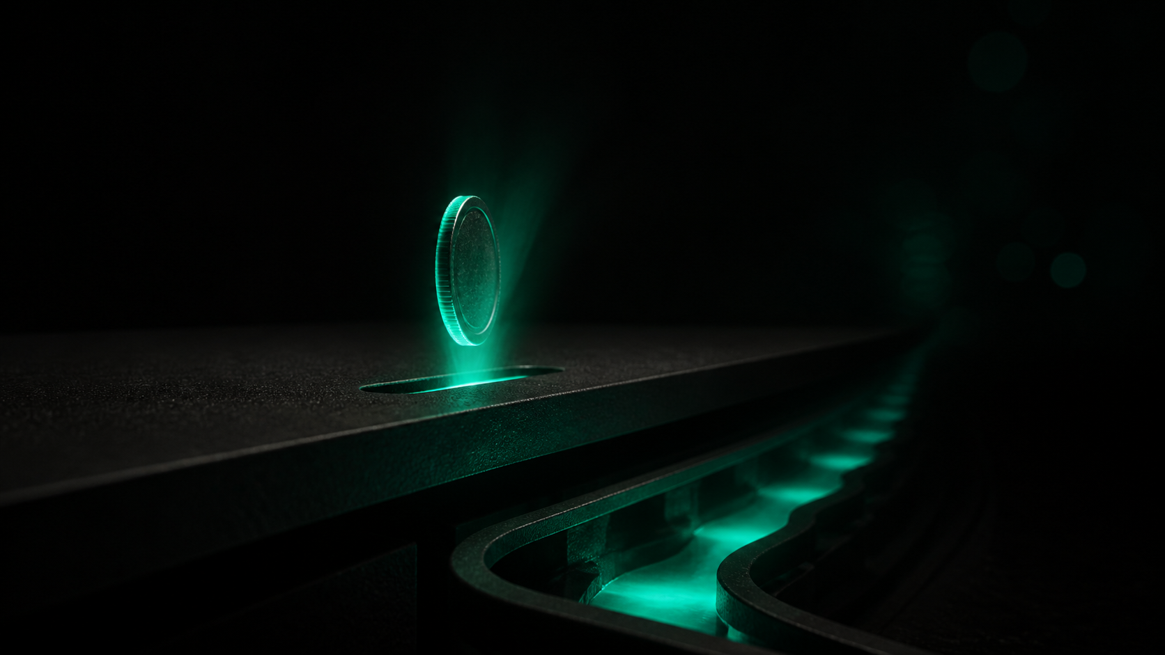 A single glowing teal coin dropping into a dark slot, revealing a hidden second teal channel branching beneath it that keeps repeating into the distance like a second unseen track