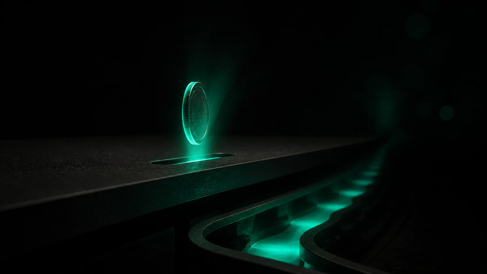 A single glowing teal coin dropping into a dark slot, revealing a hidden second teal channel branching beneath it that keeps repeating into the distance like a second unseen track