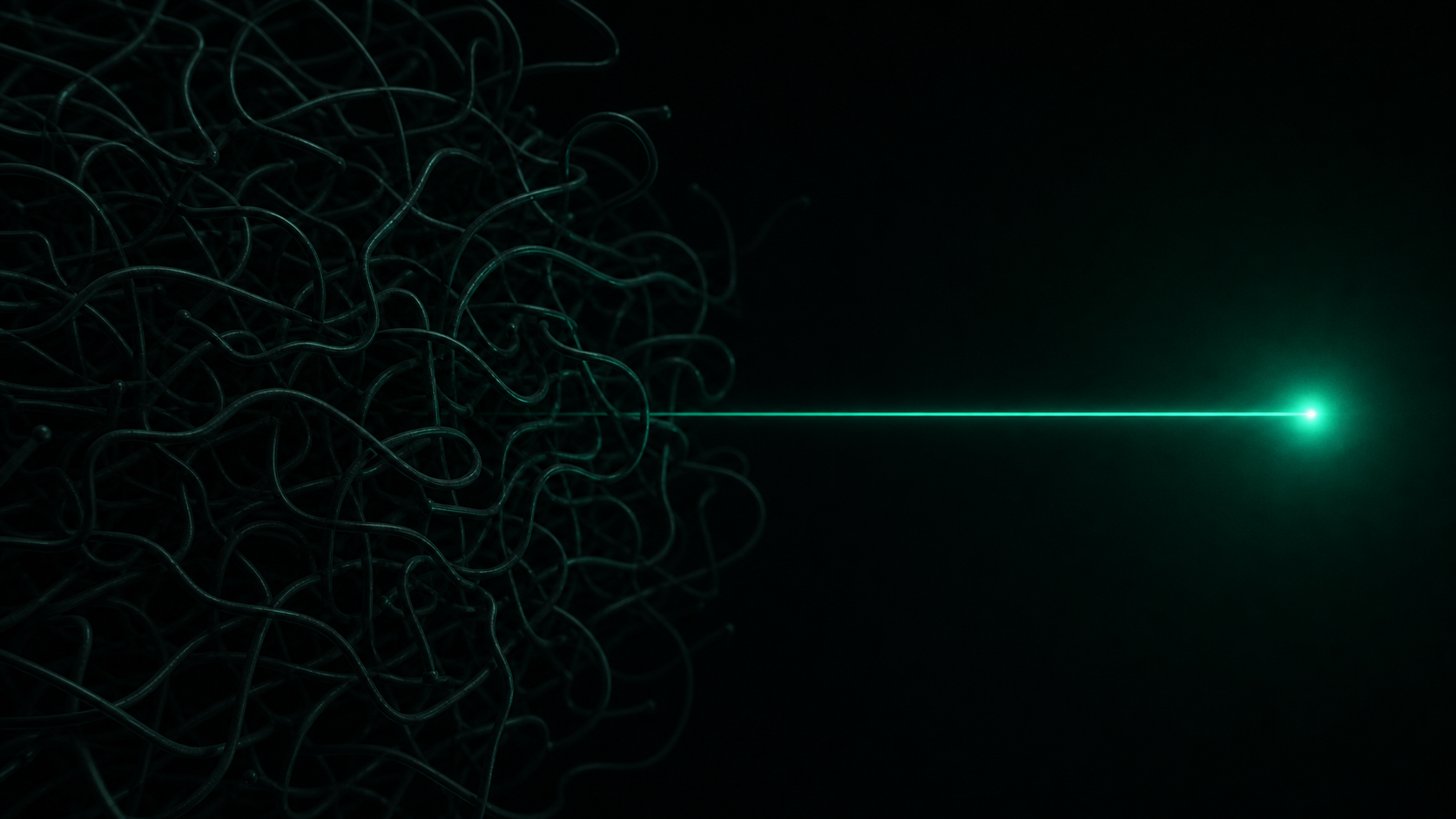 A tangled maze of faint indistinct paths fading into black, next to one single glowing teal line running straight to one clearly lit point